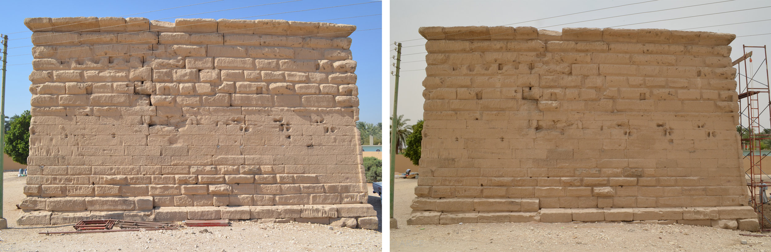  Repointing and filling of the temple’s exterior cracks with a tailor-made lime mortar. The north facade is pictured before (left) and after (right) repointing.&nbsp;  Image © ARCE, 2012&nbsp; 