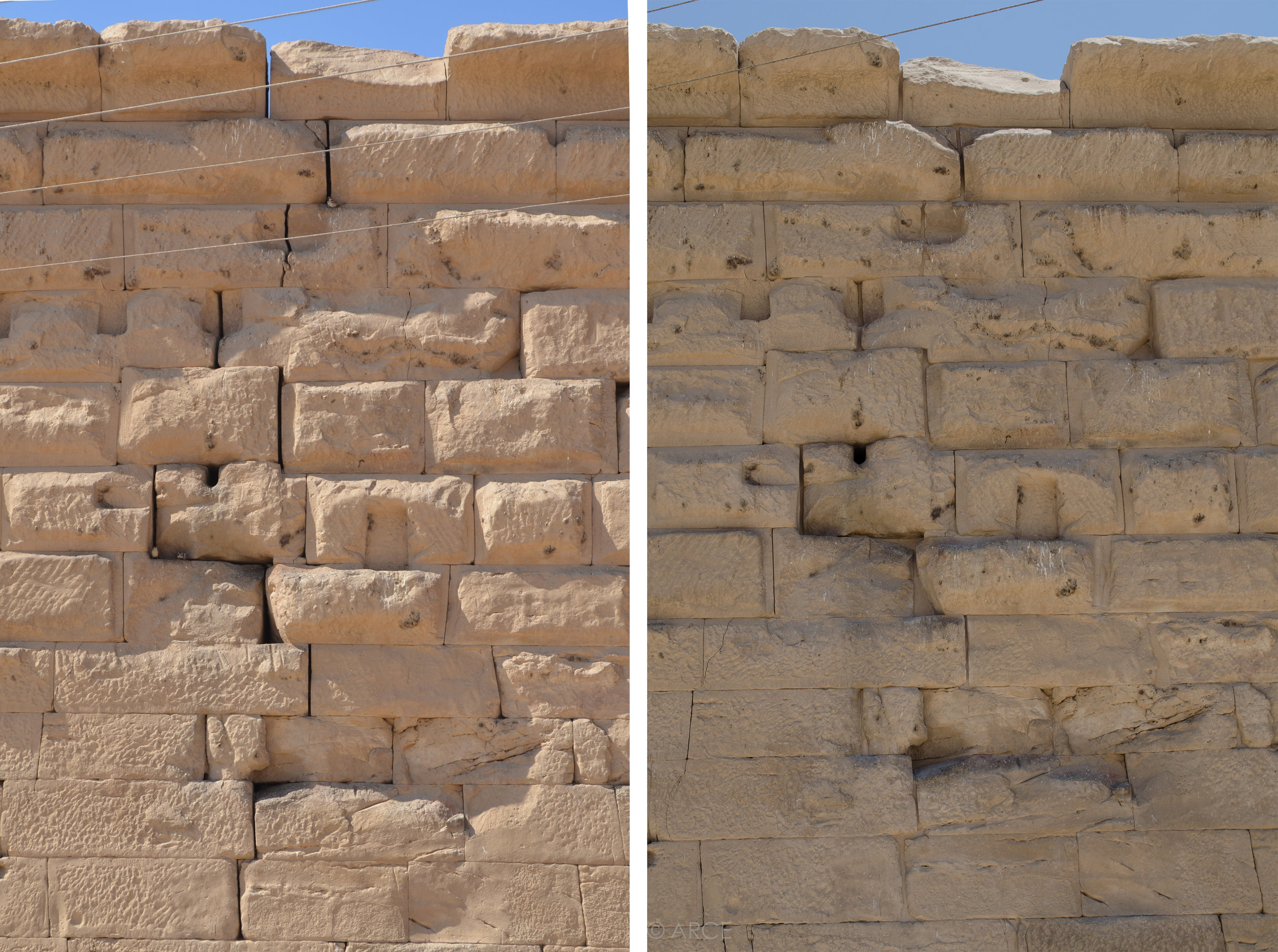  Detail of a large crack in the north facade before (left) and after (right) repointing.&nbsp;  Image © ARCE, 2012&nbsp; 