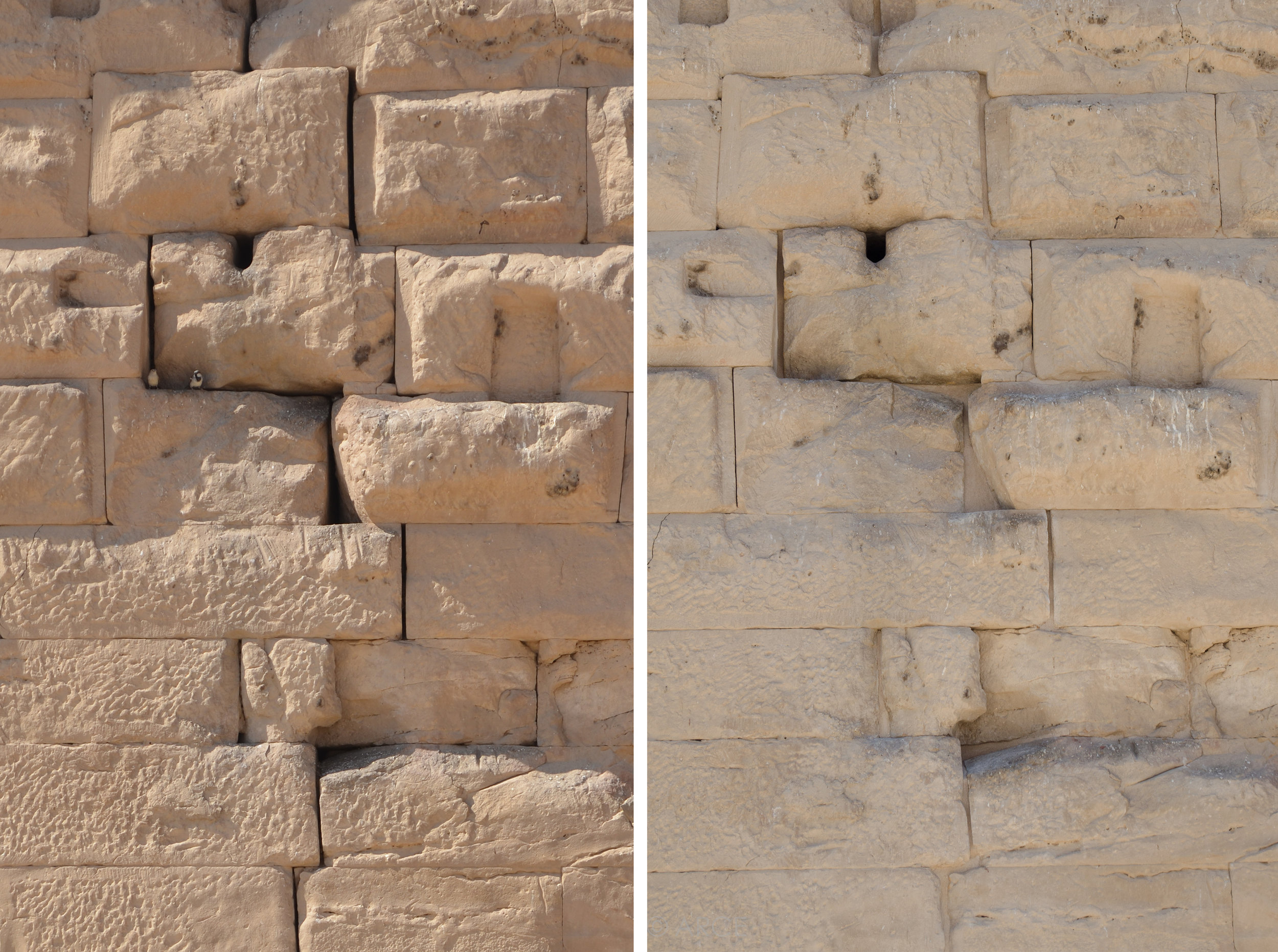 Detail of a large crack in the north facade before (left) and after (right) repointing.&nbsp;  Image © ARCE, 2012 