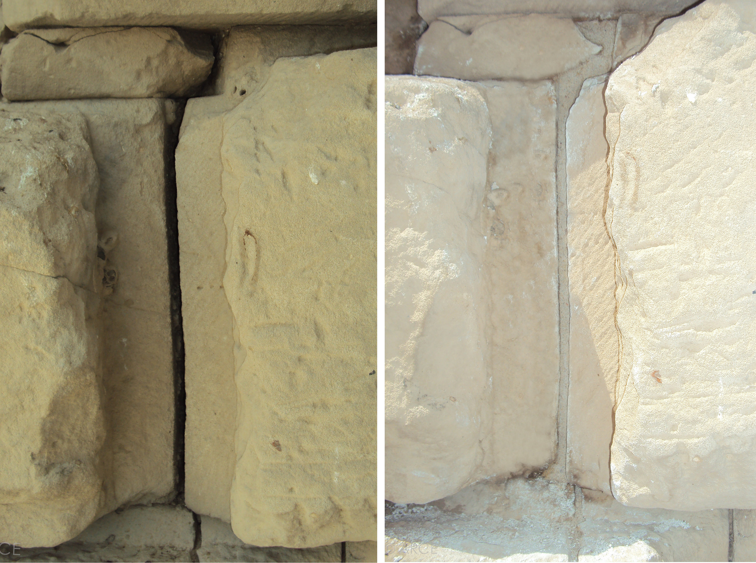  Detail of a large crack in the north facade before (left) and after (right) repointing.&nbsp;  Image © ARCE, 2012 