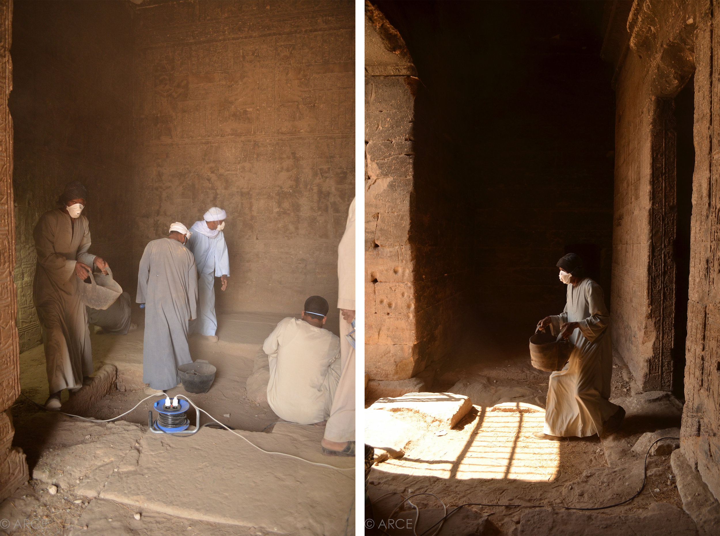  Removal of thick dust and guano deposits from the ﬂoor of the temple. Dust movement was kept to a minimum by collection with trowels rather than brooms and was regular removal from the temple as it accumulated.&nbsp;  Image © ARCE, 2012 