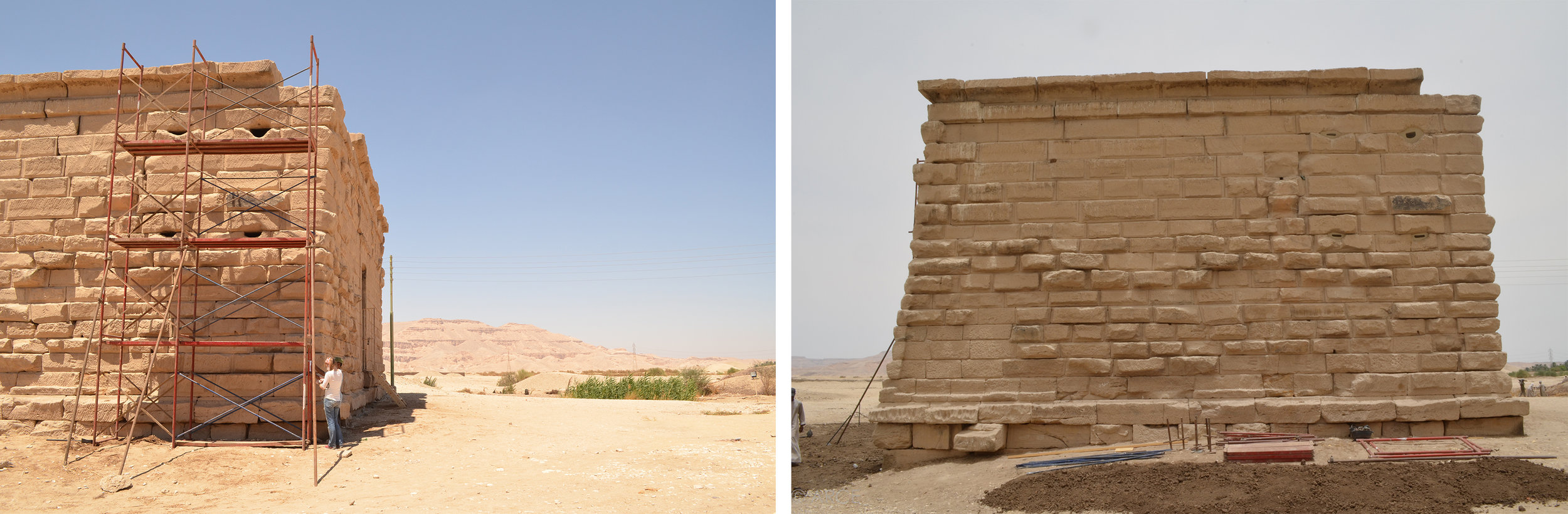  Window openings on the temple's south facade, shown before (left) and after (right) closure with screens.  Image © ARCE, 2012 