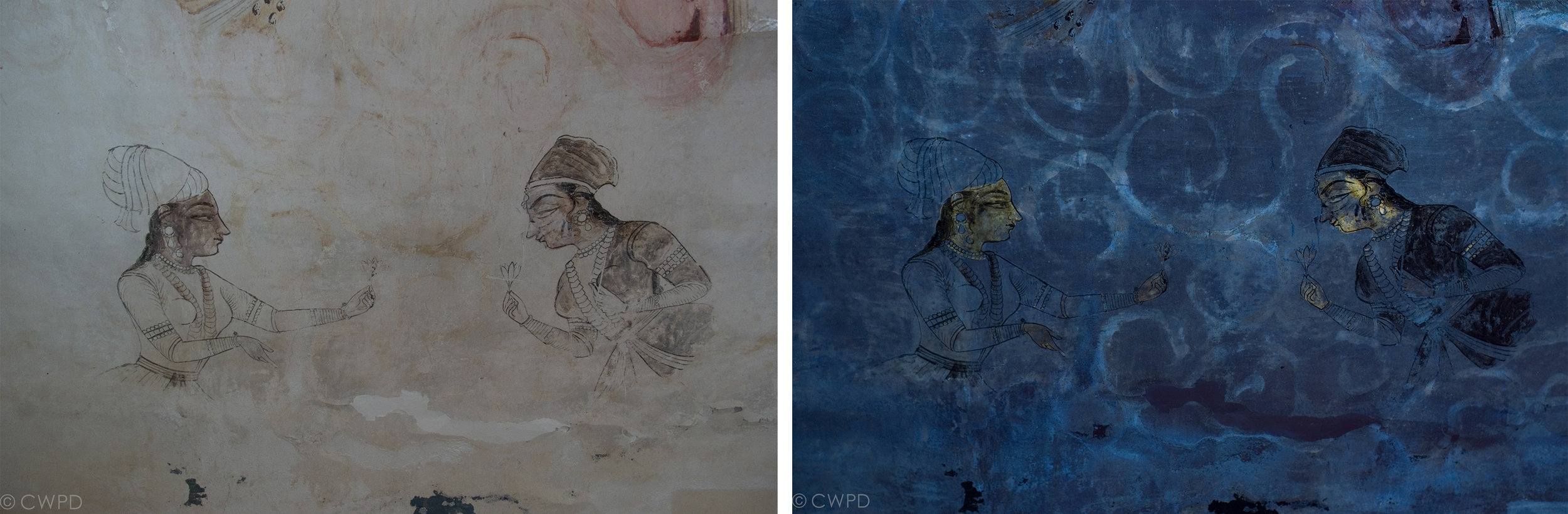   Detail of the painting in the vault in visible (left) and ultraviolet (right) light. Ultraviolet fluorescence exposes the faded organic materials originally used to depict the clouds and rain of the monsoon.   Image © Courtauld CWPD 