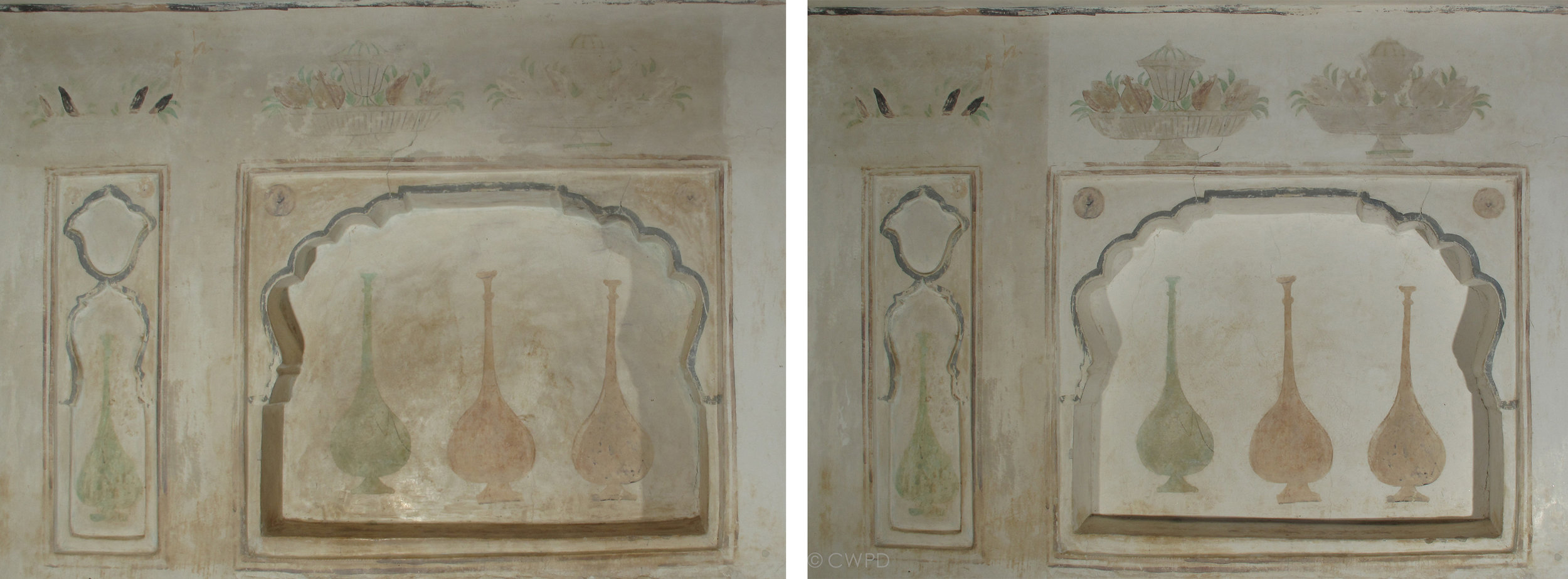  Example of a painted niche before (left) and after (right) cleaning.&nbsp;  Image © Courtauld CWPD 