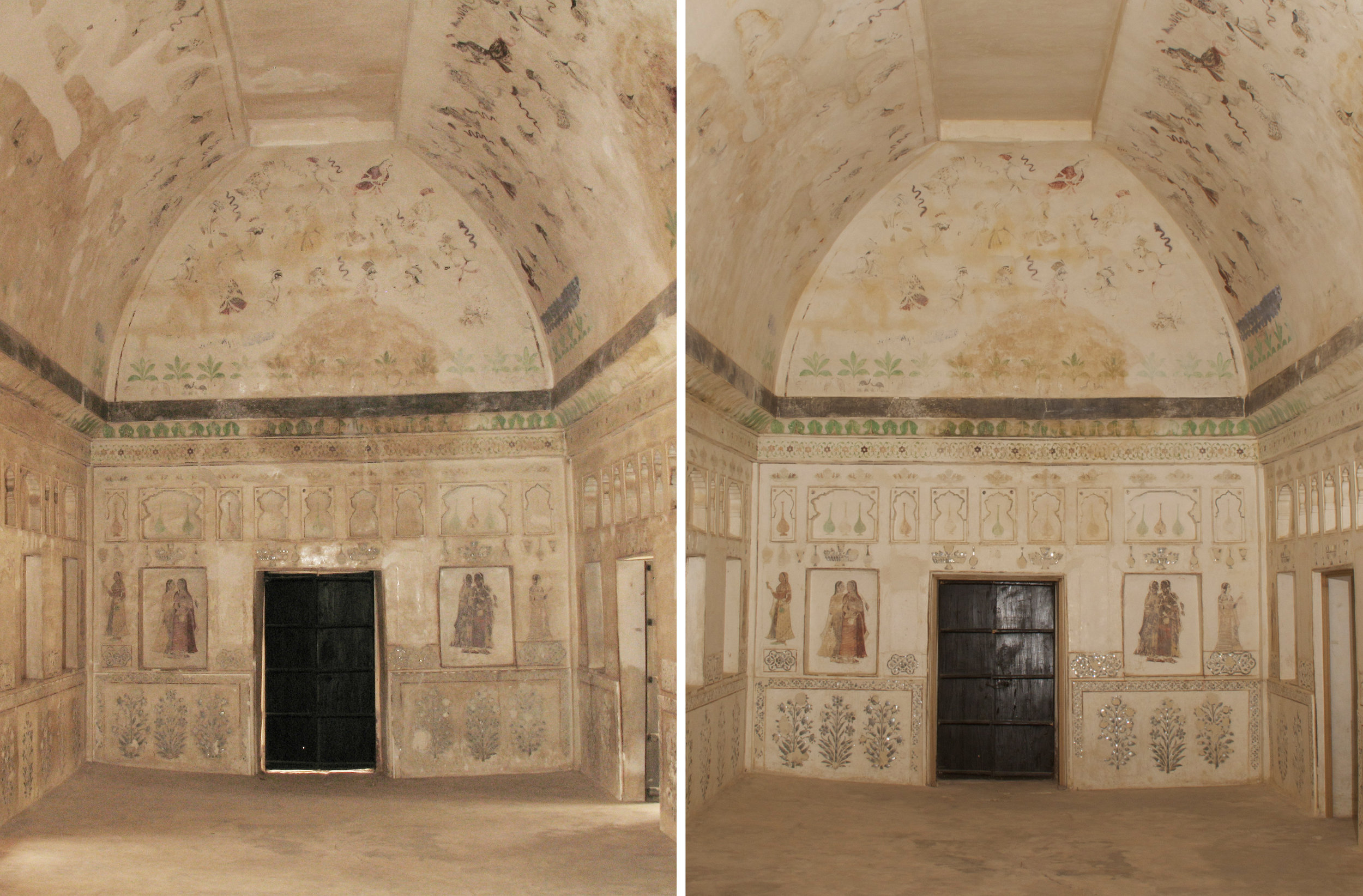  General view of the west wall before (left) and after (right) completion of conservation treatment.  Image © Courtauld CWPD 