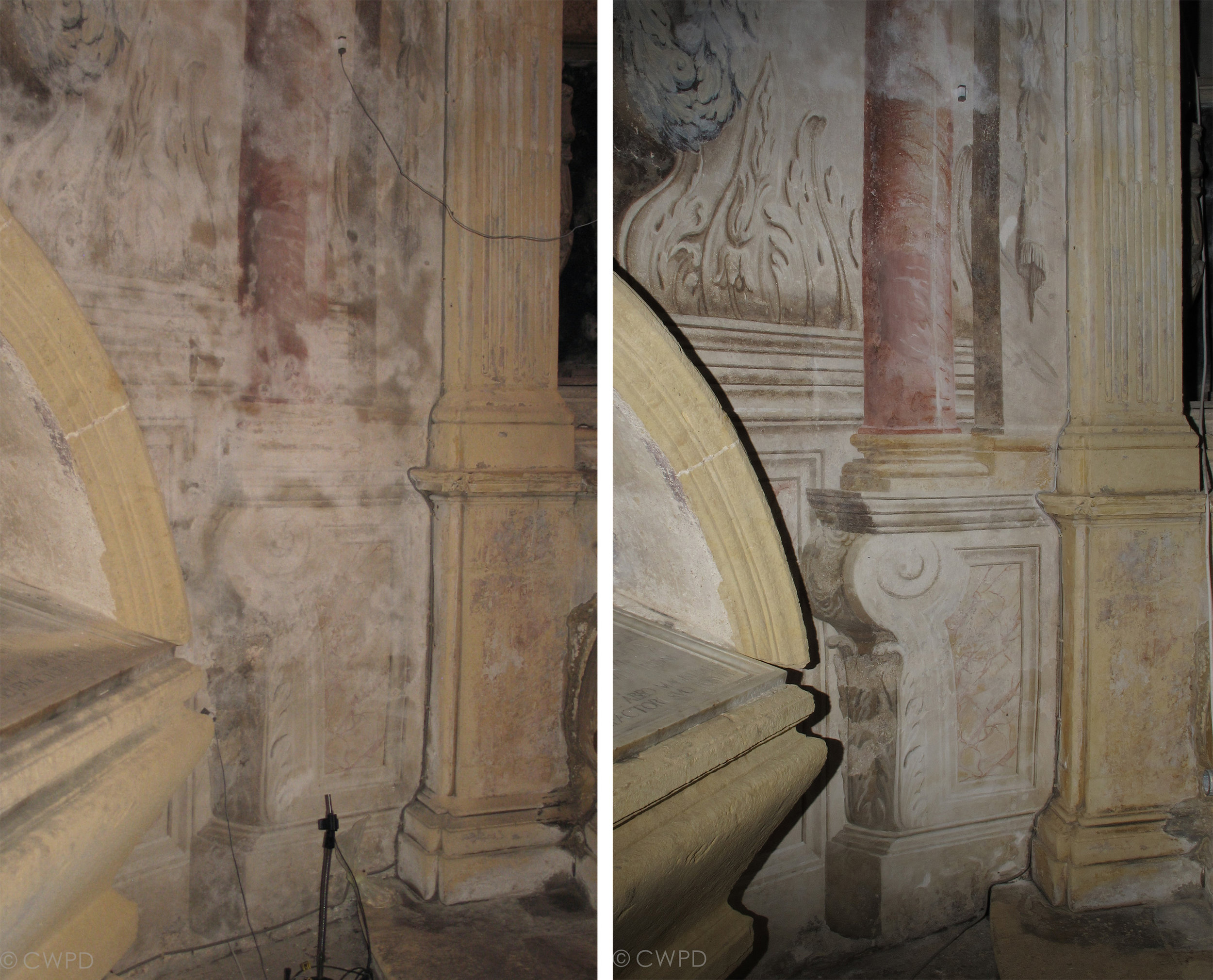  Detail of the wall paintings before (left) and after (right) cleaning.  Image © Courtauld CWPD 
