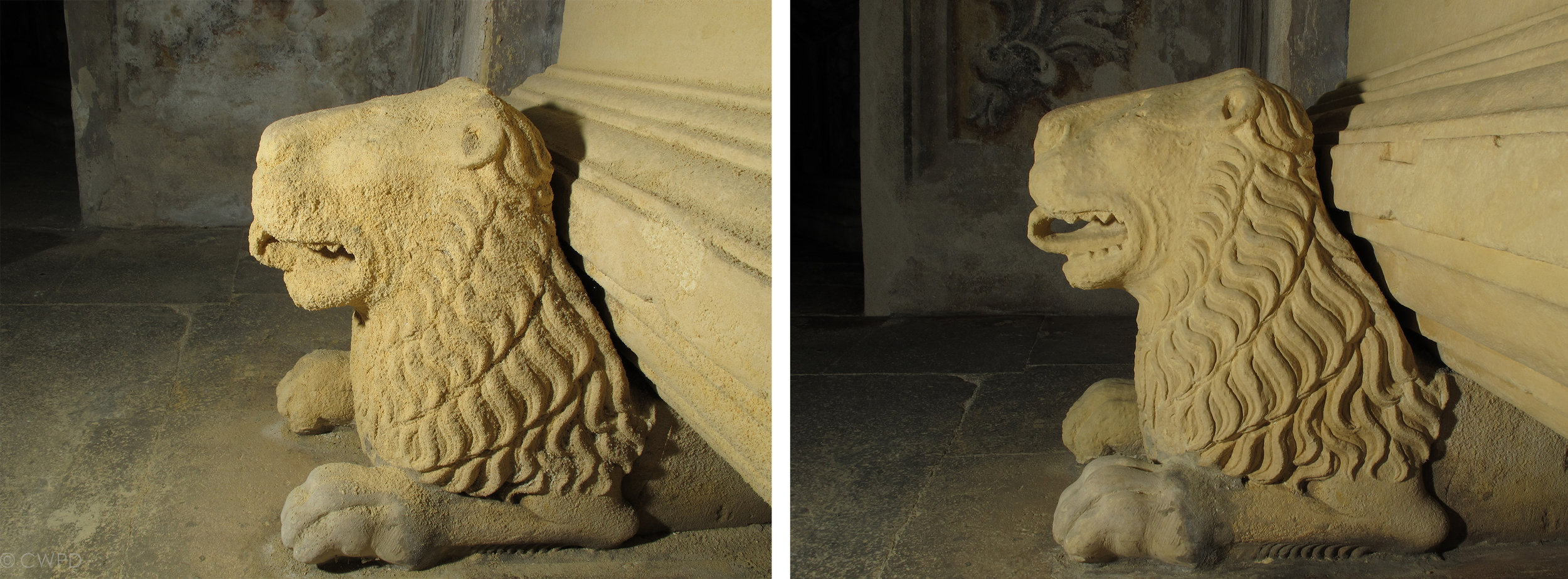  Detail of the limestone tomb monuments before (left) and after (right) consolidation and cleaning.&nbsp;  Image © Courtauld CWPD    