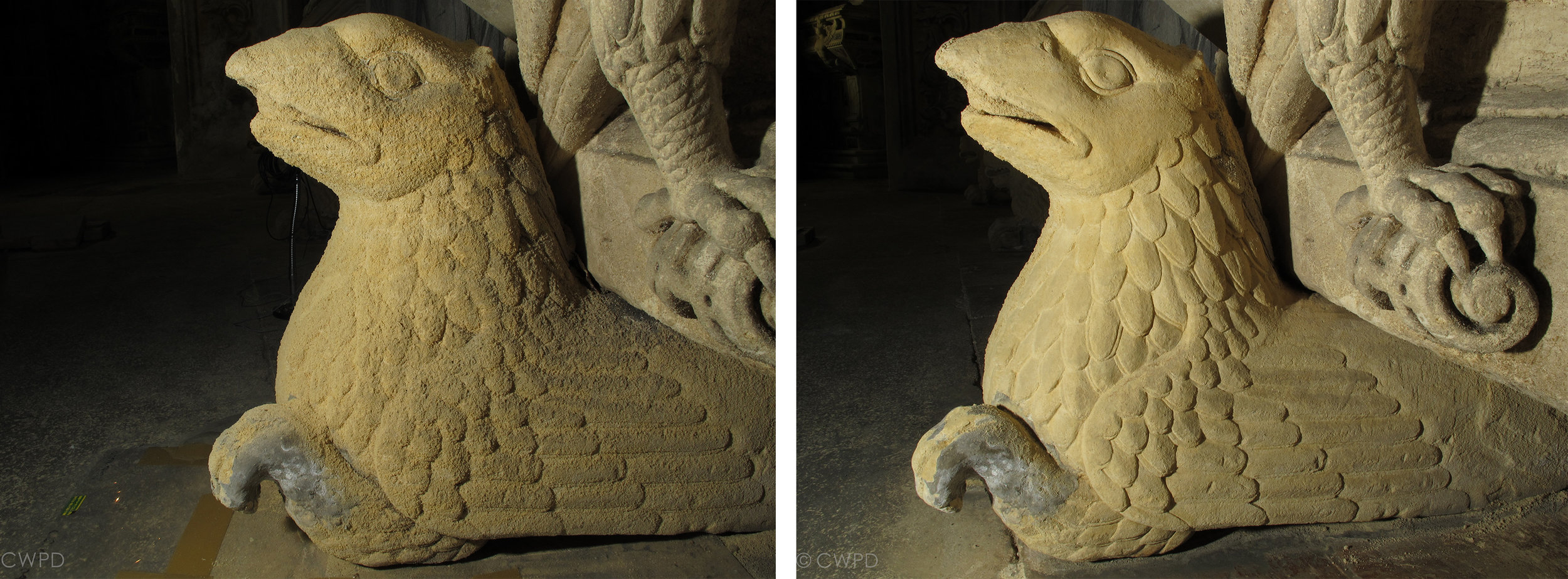  Detail of the limestone tomb monuments before (left) and after (right) consolidation and cleaning.&nbsp;  Image © Courtauld CWPD 