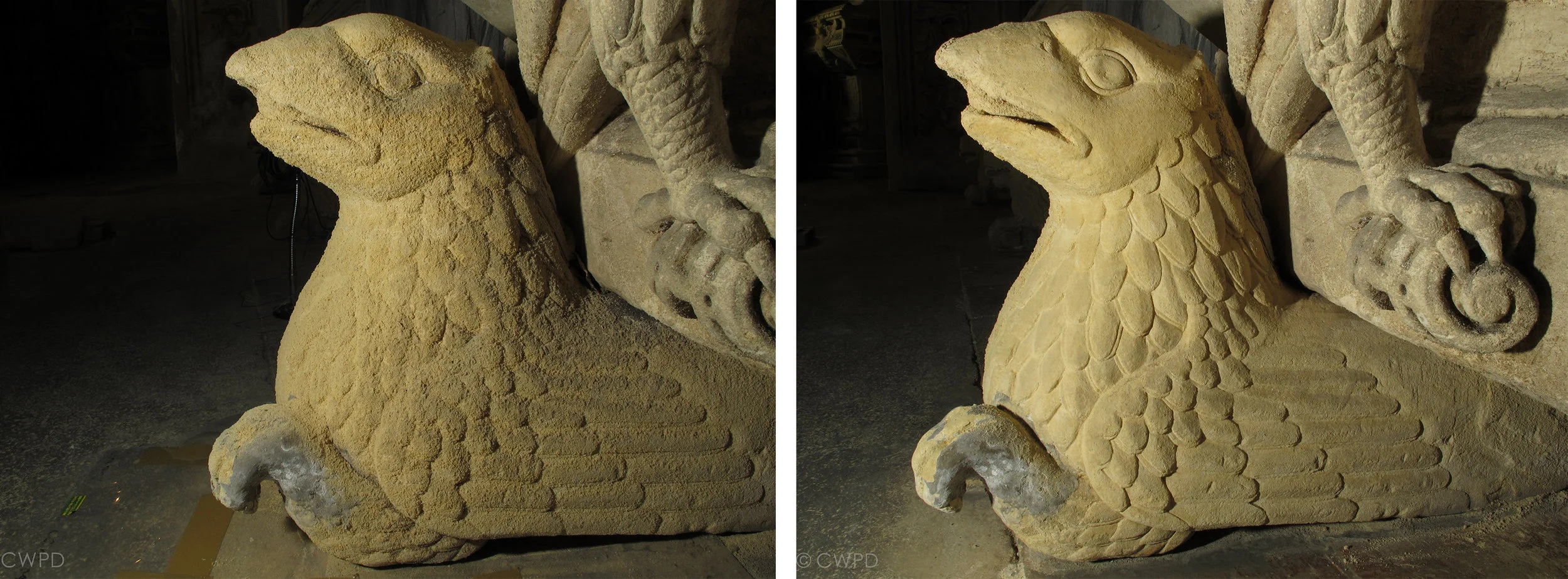 Detail of the limestone tomb monuments before (left) and after (right) consolidation and cleaning. Image © Courtauld CWPD