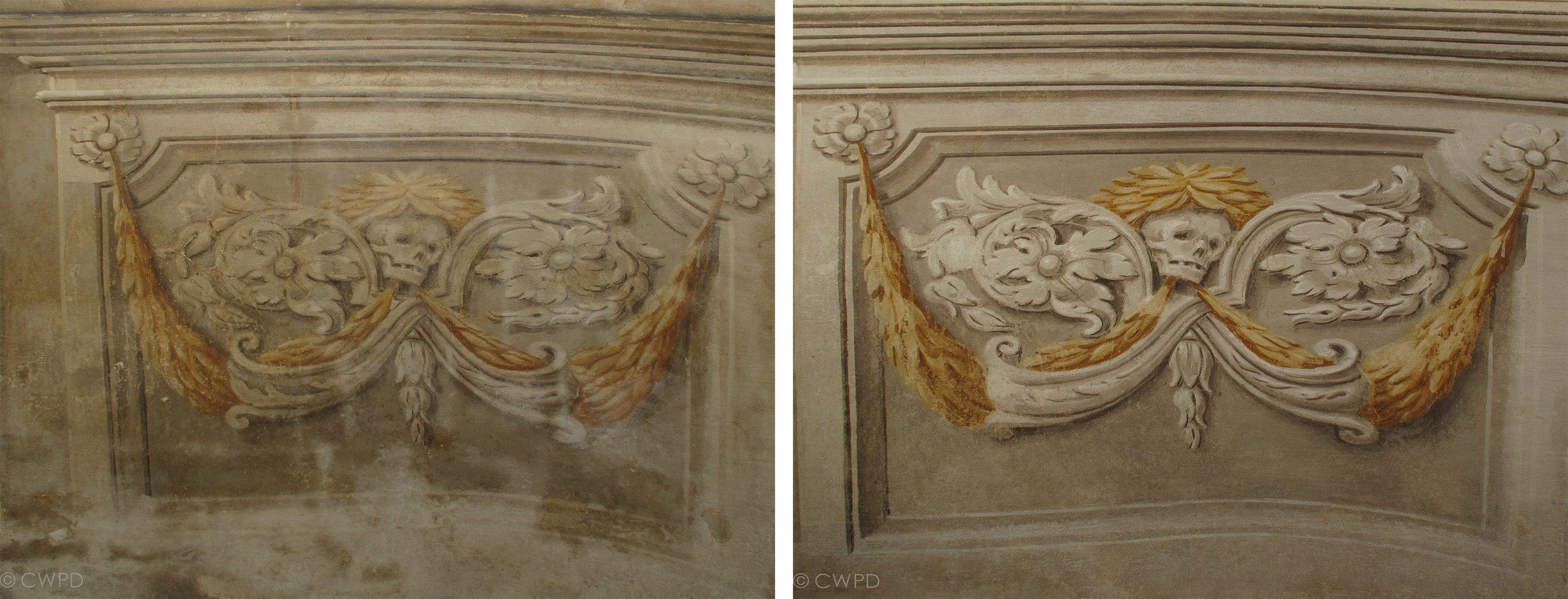  Detail of the wall paintings before (left) and after (right) cleaning.  Image © Courtauld CWPD 