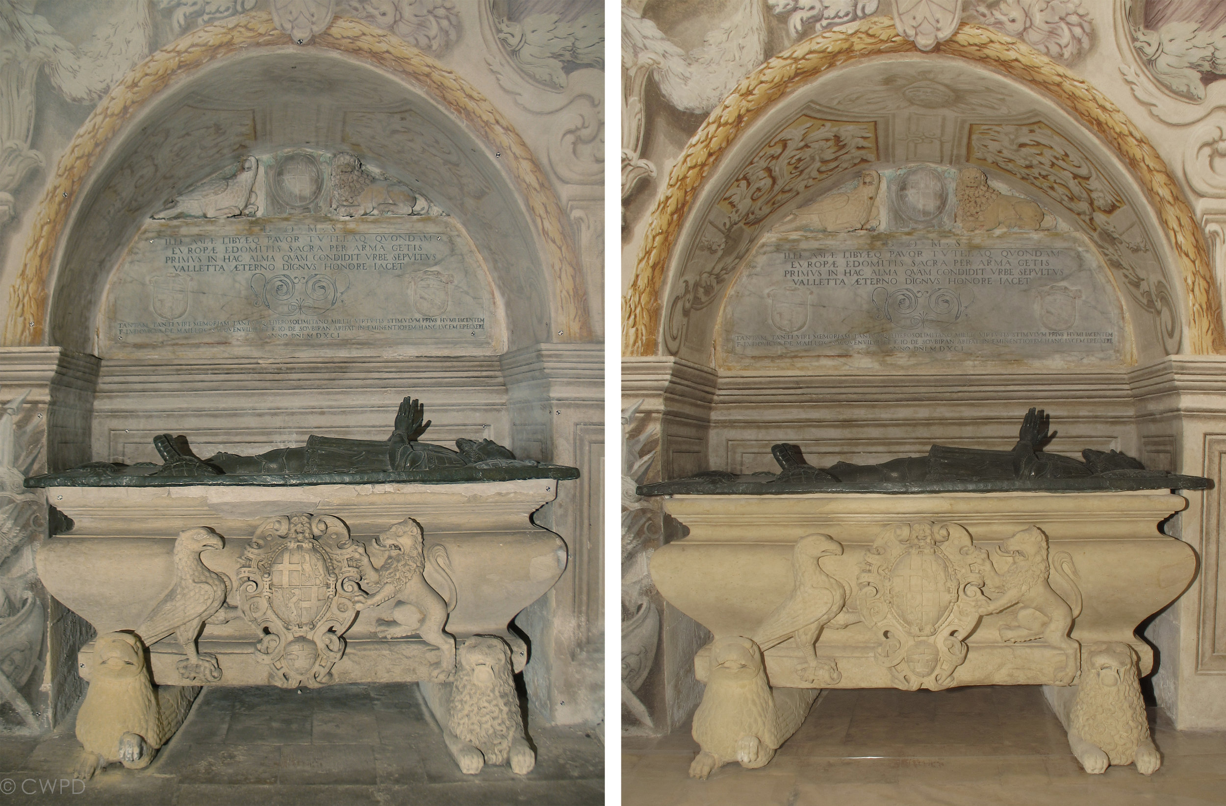  Detail of the Crypt before (left) and after (right) conservation treatment.&nbsp;  Image © Courtauld CWPD 