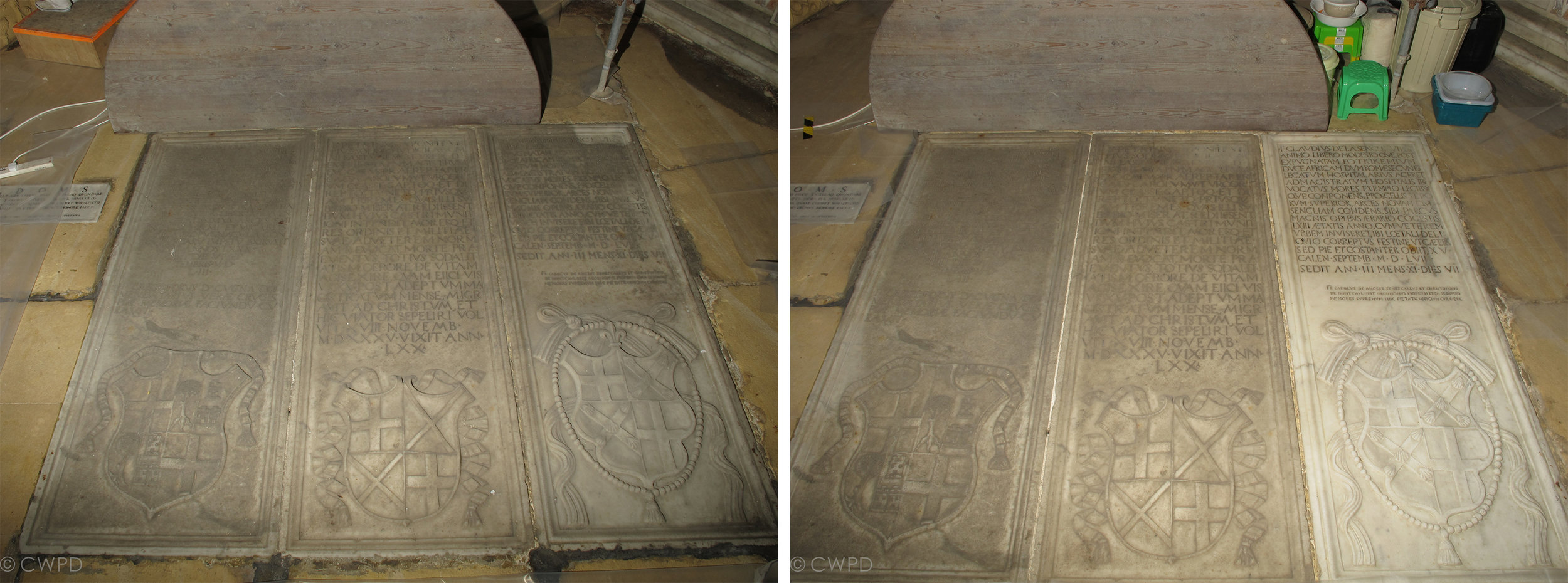  Image of the inscribed marble plaques set into the floor of the Crypt before (left) and during (right) removal of a thick layer of dirt.  Image © Courtauld CWPD 