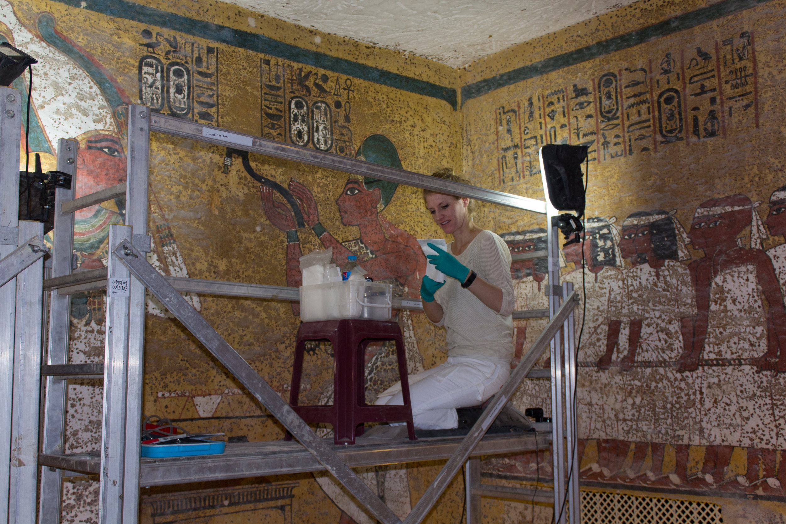  Preparing for removal of dust from the wall paintings.&nbsp;  Image © J. Paul Getty Trust, 2016 