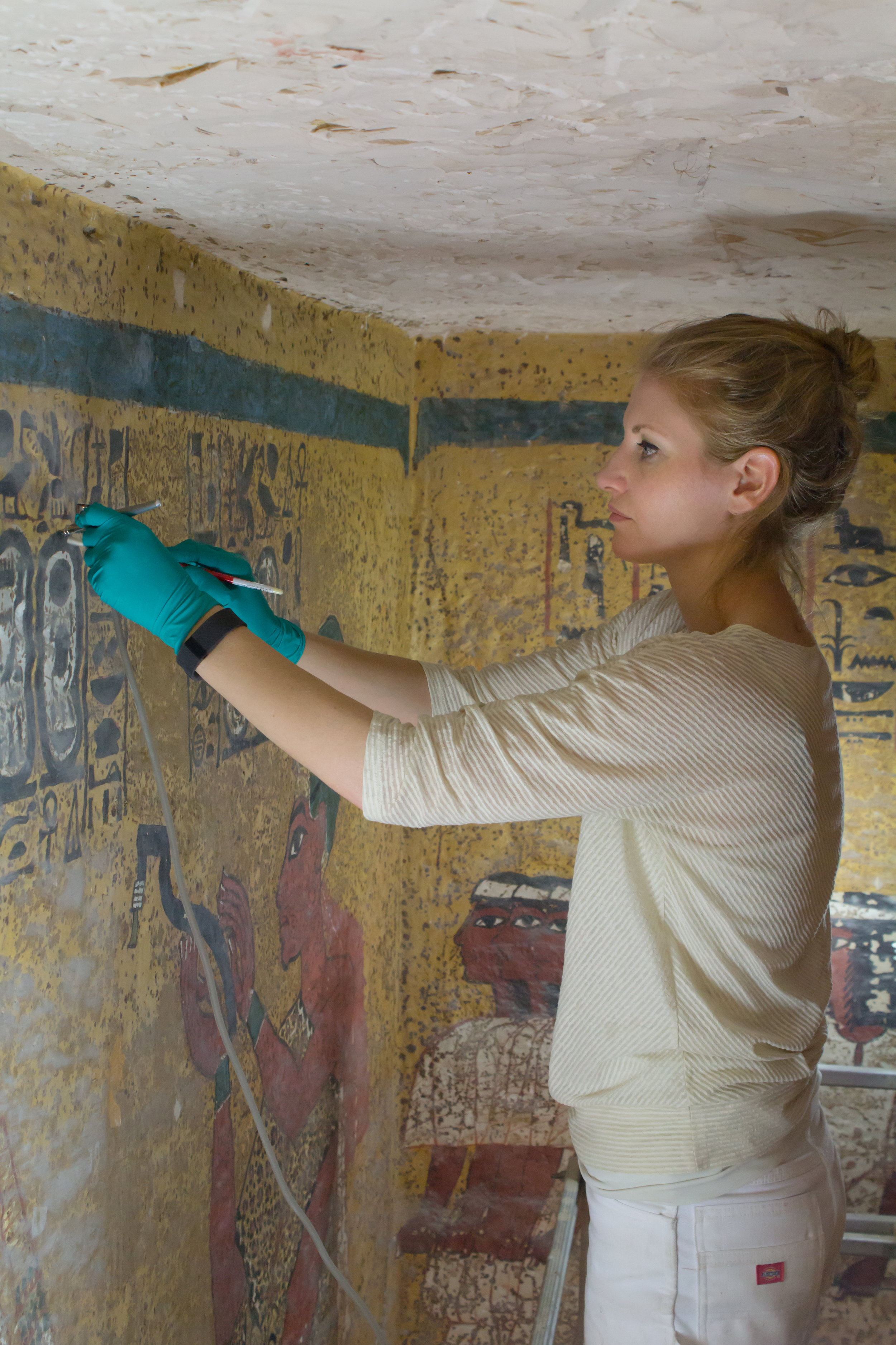  Dust deposition has been a pervasive within the tomb. Fine dust settled on the painted surface in a thick layer, obscuring the imagery. Attempts to dust the paintings outside of the conservation project have led to loss in areas of paint layer insta