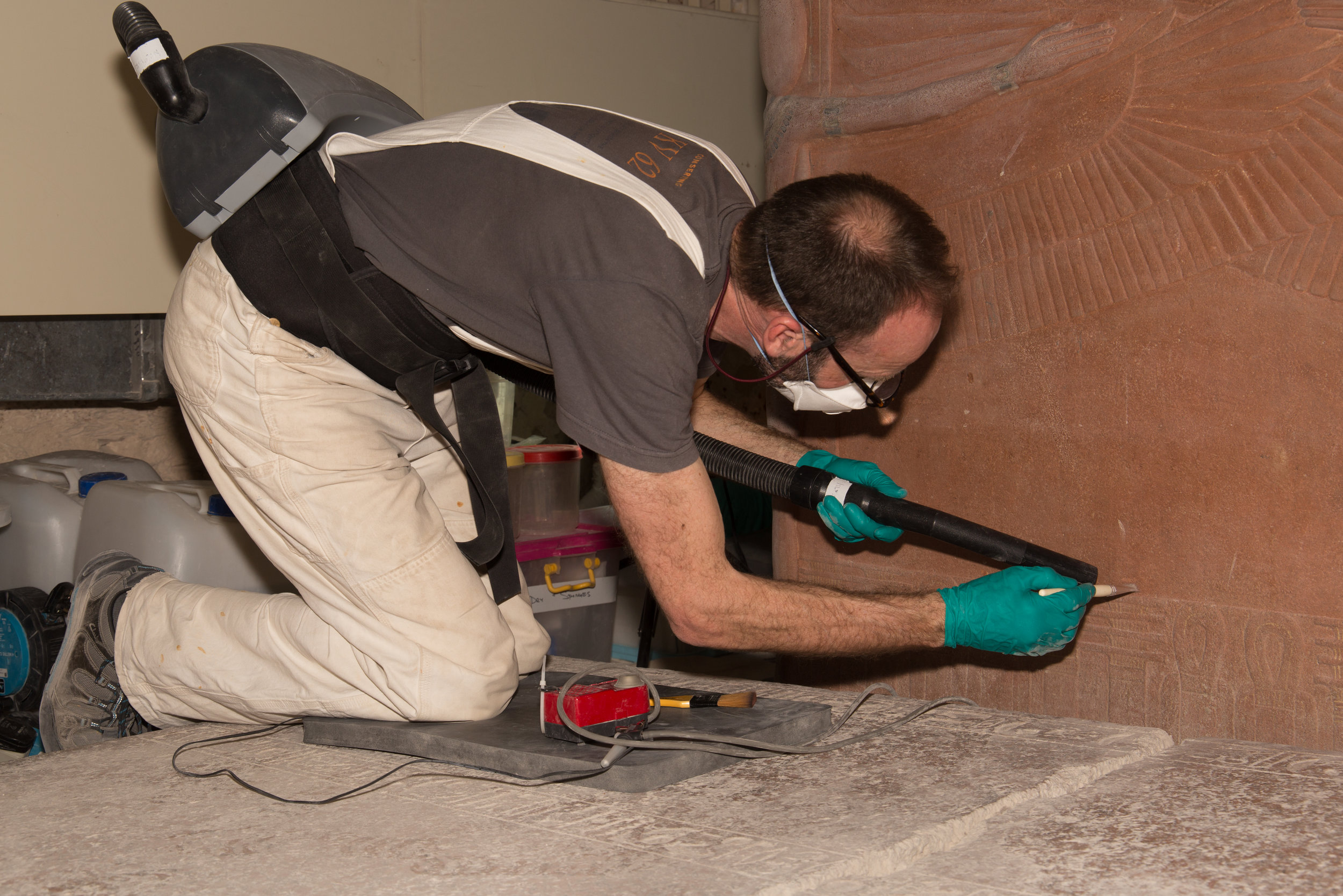  A thick layer of dust was also removed from the carved and decorated stone sarcophagus.&nbsp;  Image © J. Paul Getty Trust, 2017 