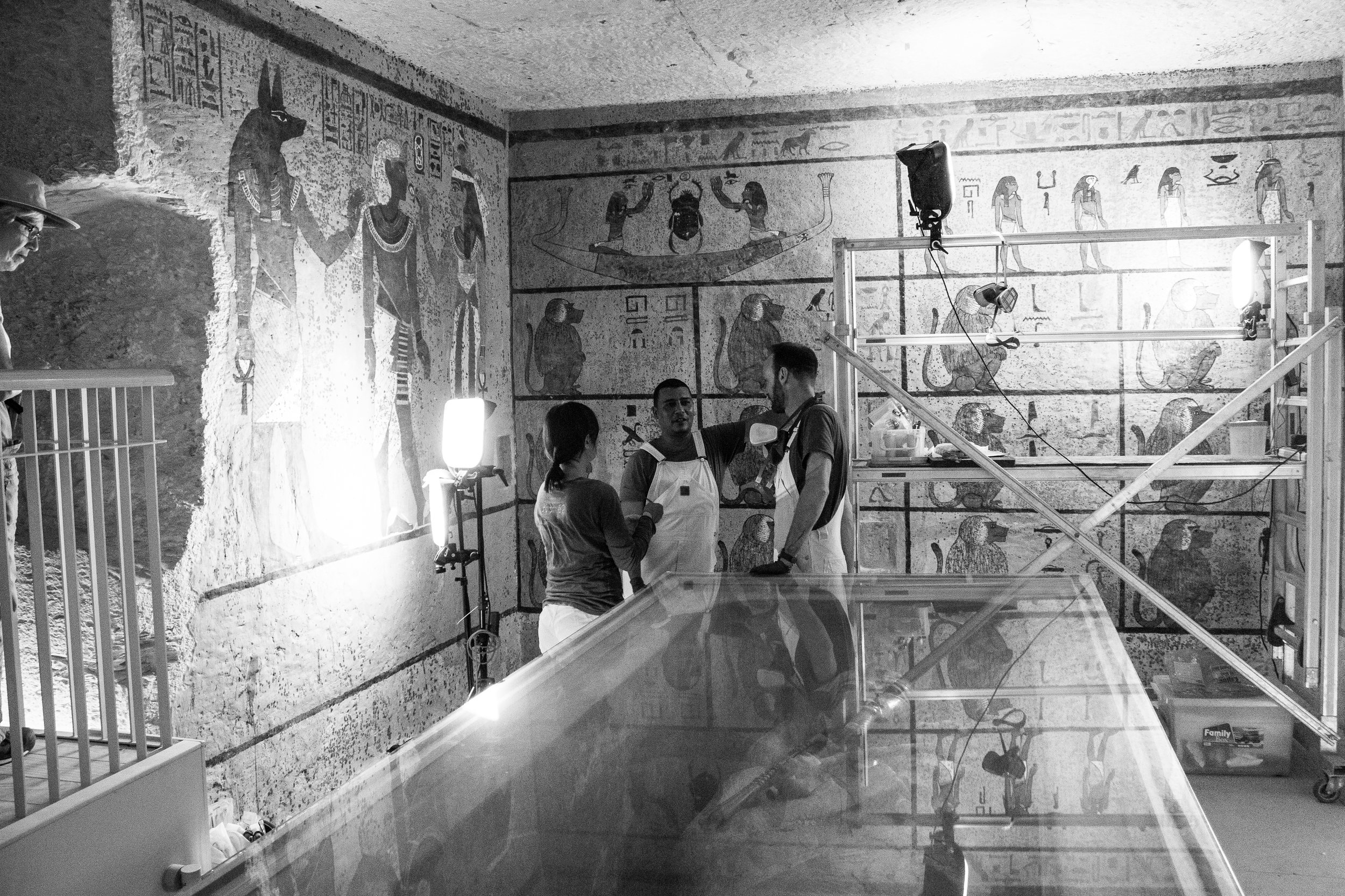  Part of the conservation team inside the painted burial chamber.&nbsp;  Image © J. Paul Getty Trust, 2016 