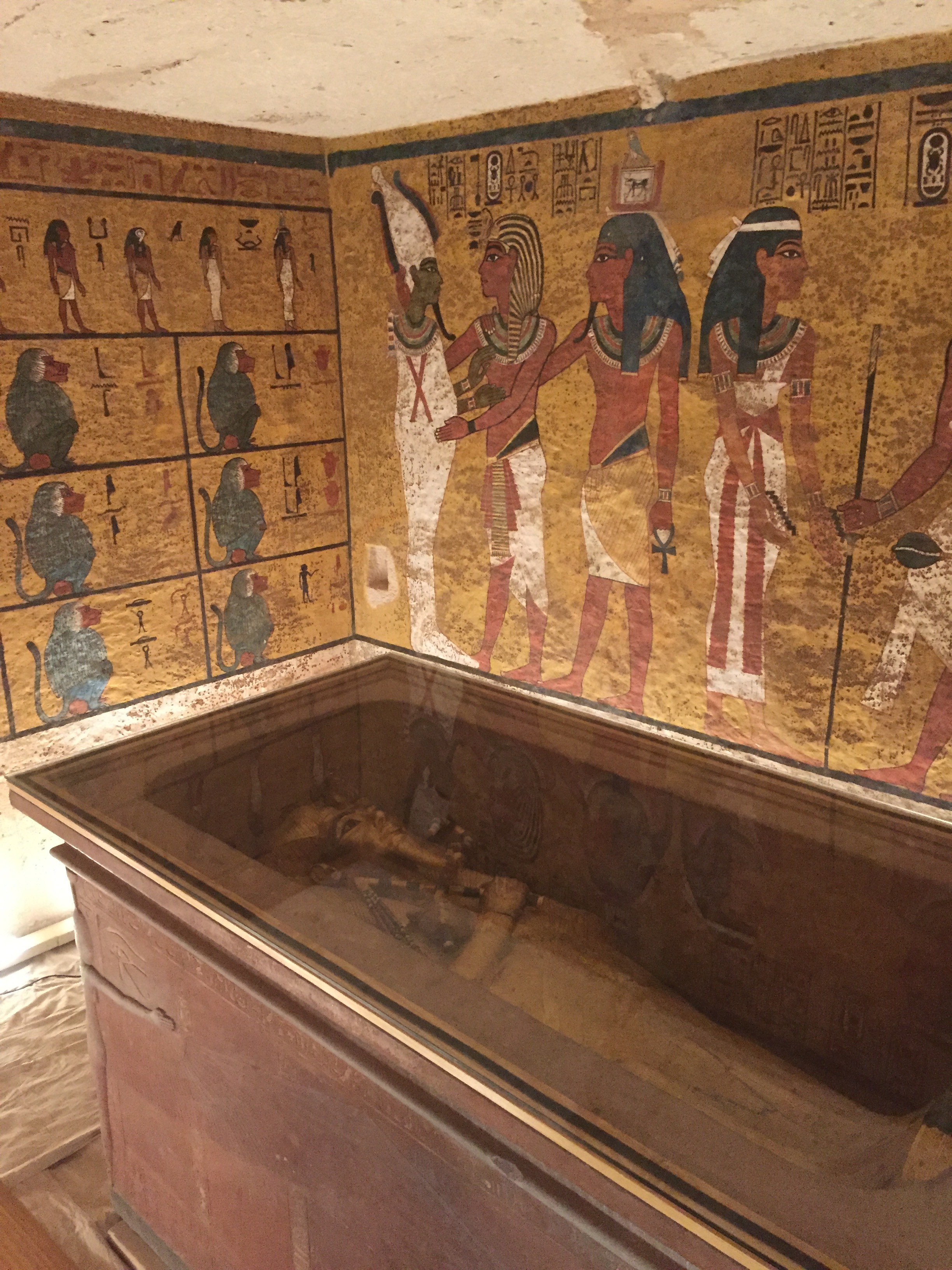  The original, carved and painted stone sarcophagus sits in its original position in the center of the burial chamber. It houses Tut's original, carved and gilded outermost wooden coffin.&nbsp;  Image © J. Paul Getty Trust, 2017 