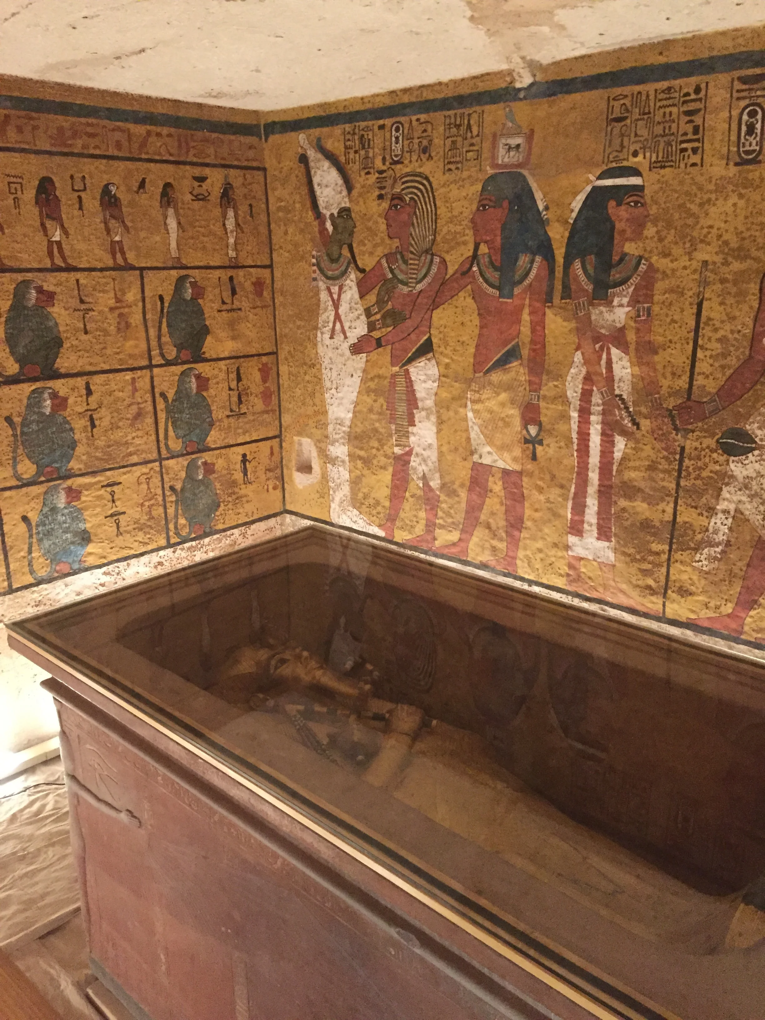  The original, carved and painted stone sarcophagus sits in its original position in the center of the burial chamber. It houses Tut's original, carved and gilded outermost wooden coffin.&nbsp;  Image © J. Paul Getty Trust, 2017 