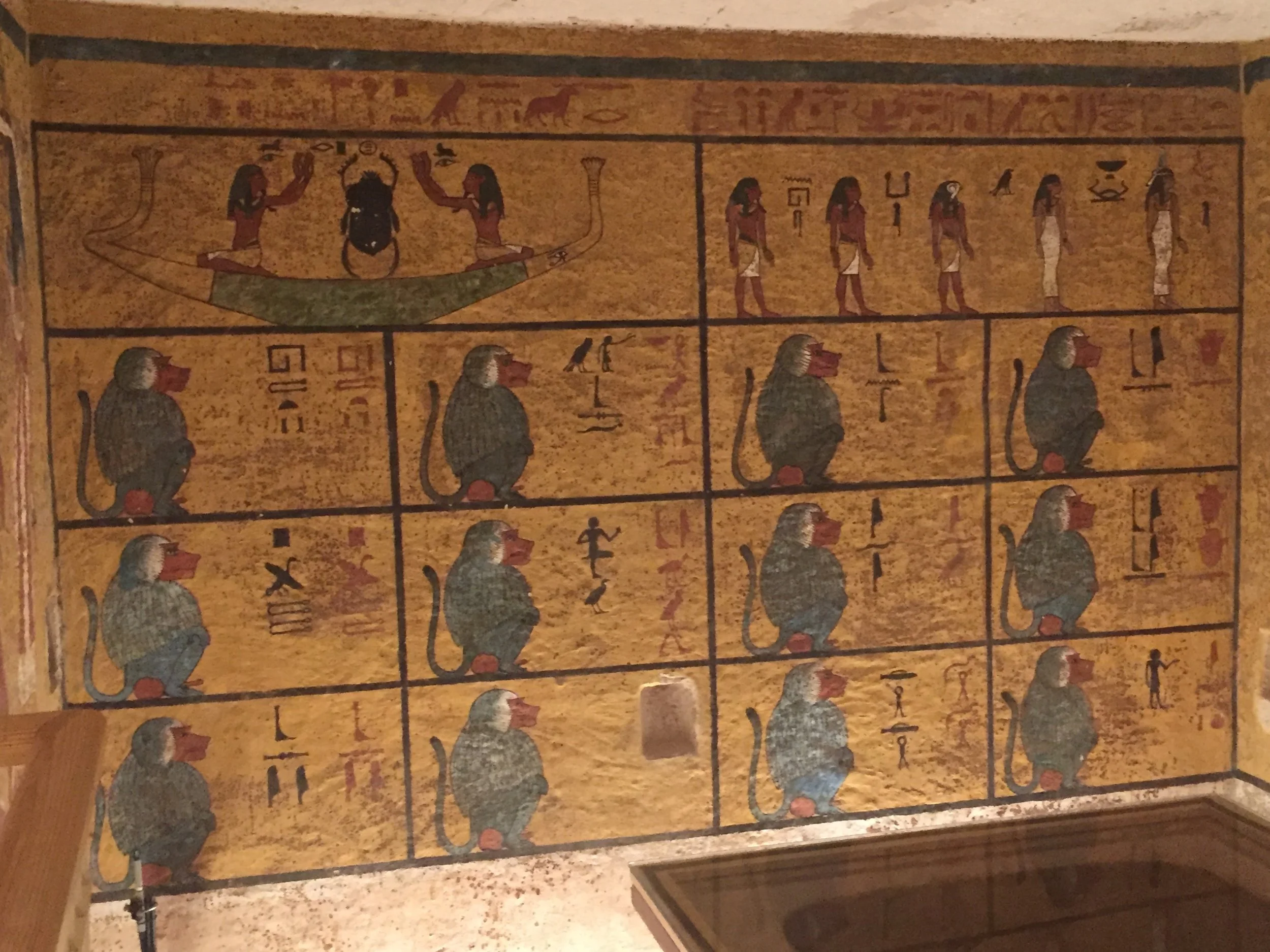  The west wall of the burial chamber depicts an extract from the Book of Amduat or “What is in the Underworld”, including twelve baboon-deities, representing the twelve hours of the night.  Image © J. Paul Getty Trust, 2017 