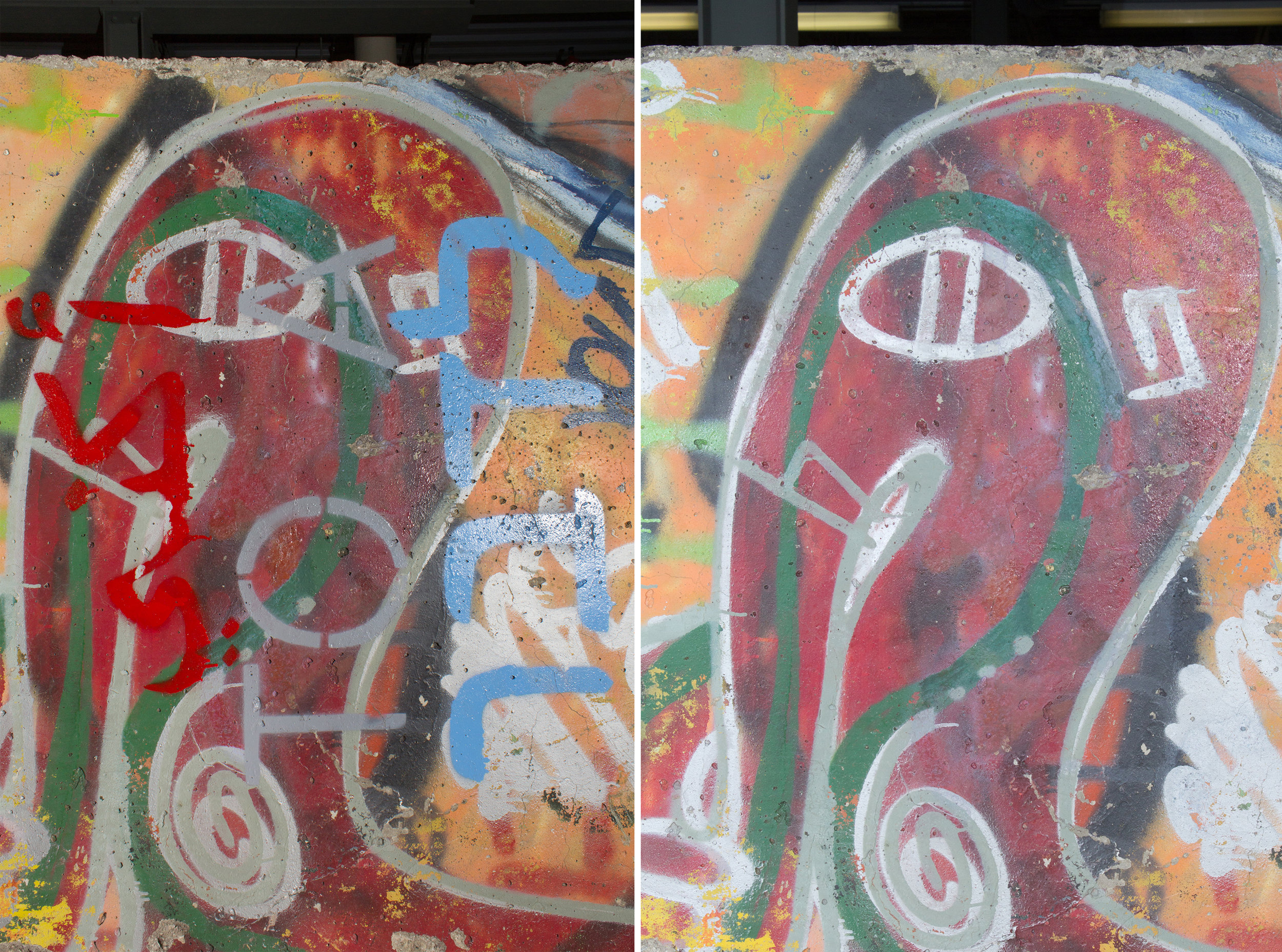  Detail of graffiti removal: Before (left) and After (right).&nbsp;    
  
 
  
    
  
 Normal 
 0 
 
 
 
 
 false 
 false 
 false 
 
 EN-US 
 JA 
 X-NONE 
 
  
  
  
  
  
  
  
  
  
  
 
 
  
  
  
  
  
  
  
  
  
  
  
  
    
  
 
 
 
 
 
 
 