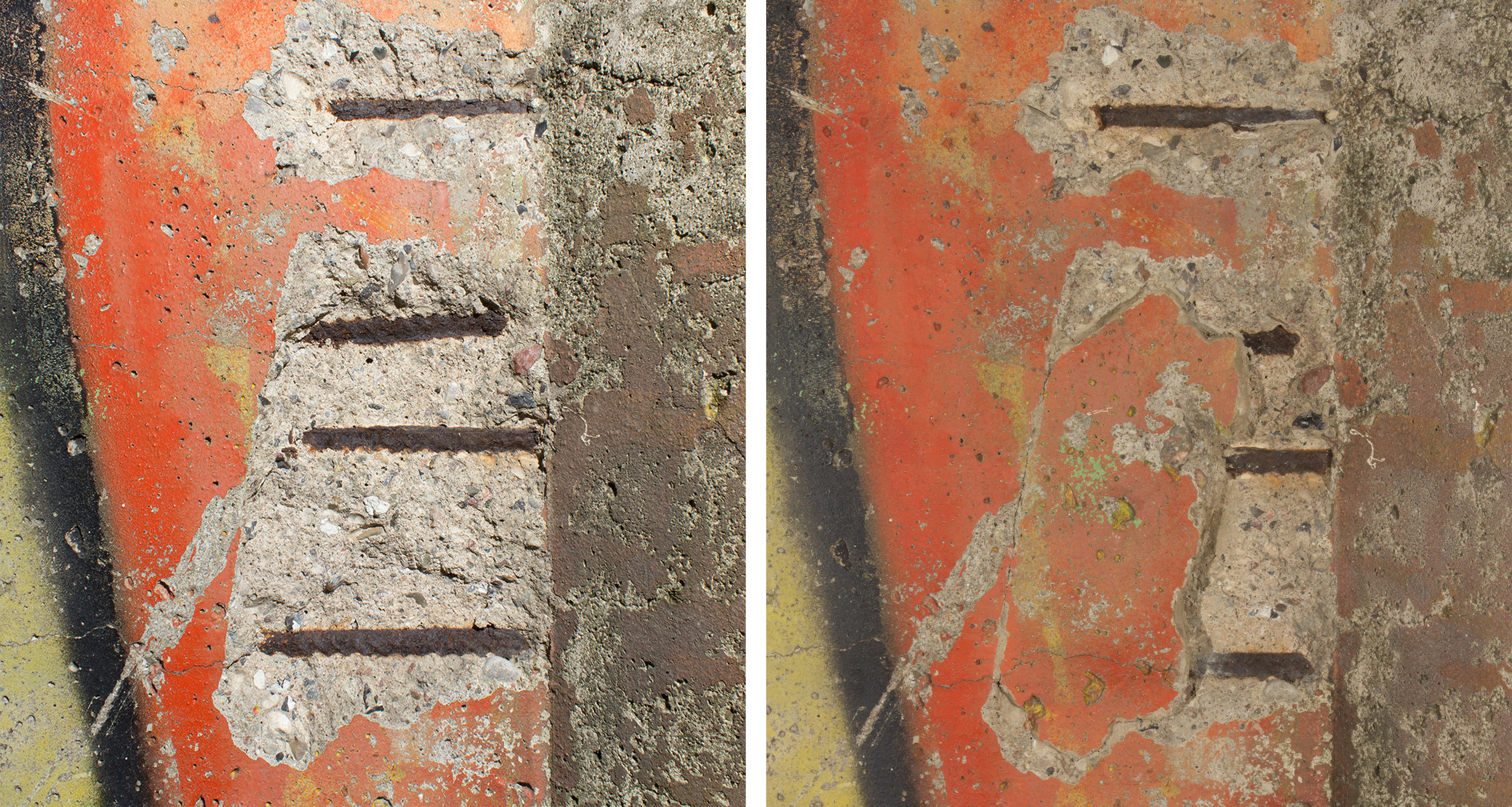  Results of injection grouting. Before (left), After (right)  Image © Katey Corda, 2015 