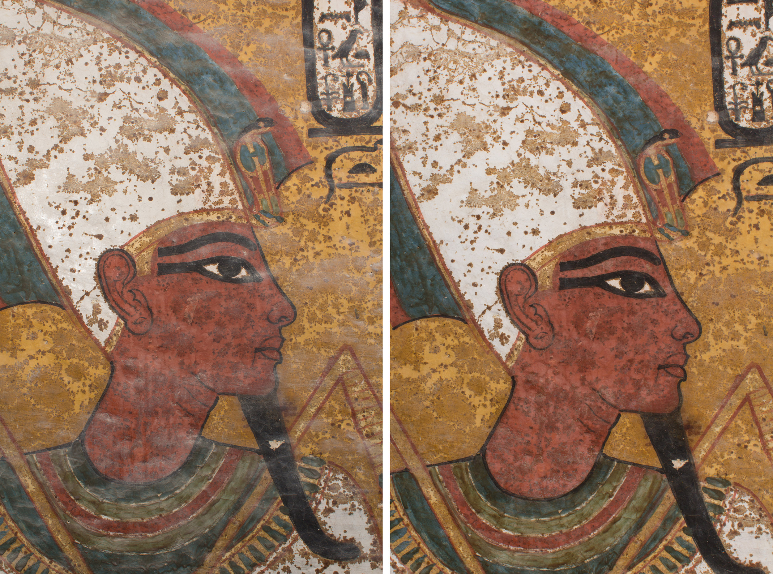  The wall painting before (left) and after (right) dust reduction.&nbsp;  Image © J. Paul Getty Trust, 2016 