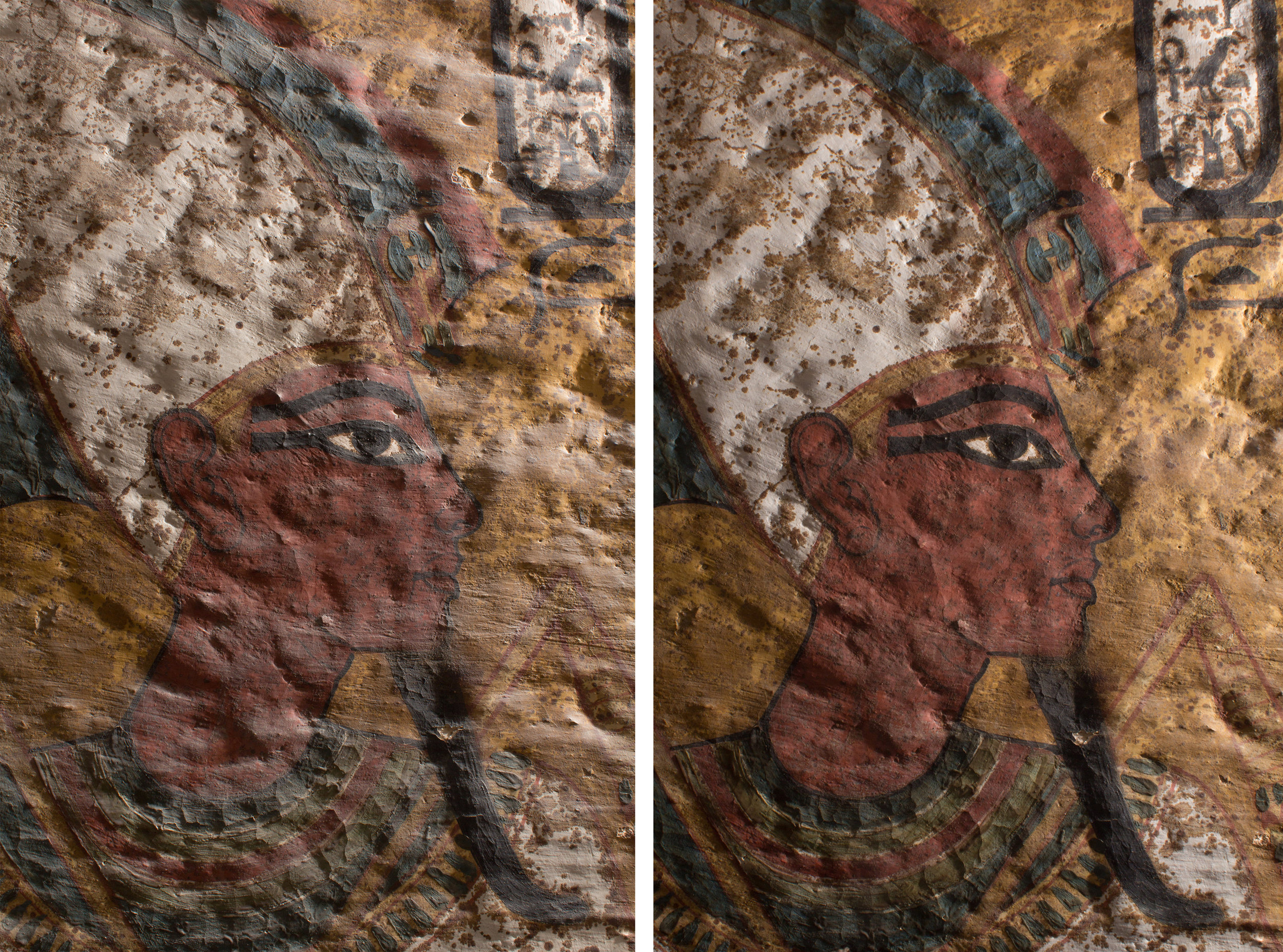  The wall painting before (left) and after (right) dust reduction, shown in raking light.  Image © J. Paul Getty Trust, 2016 
