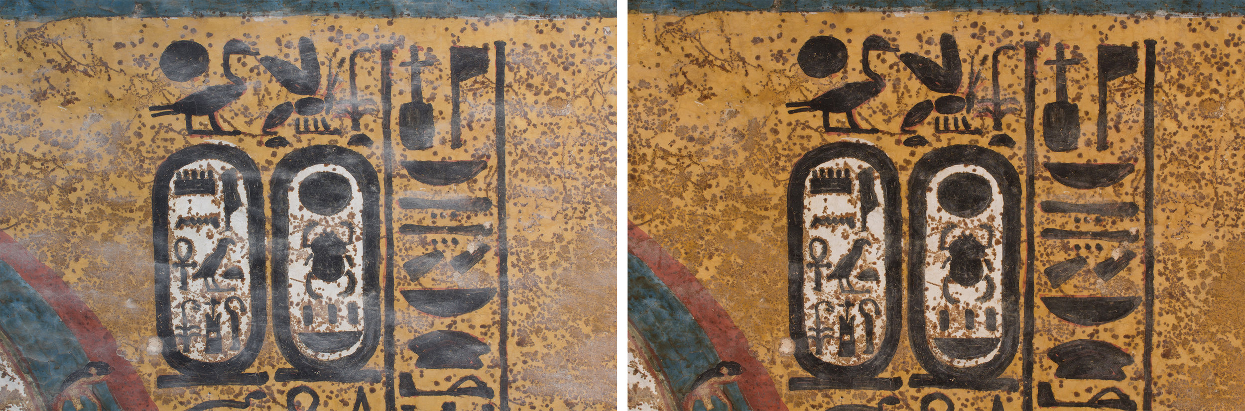  The wall painting before (left) and after (right) dust reduction.  Image © J. Paul Getty Trust, 2016 