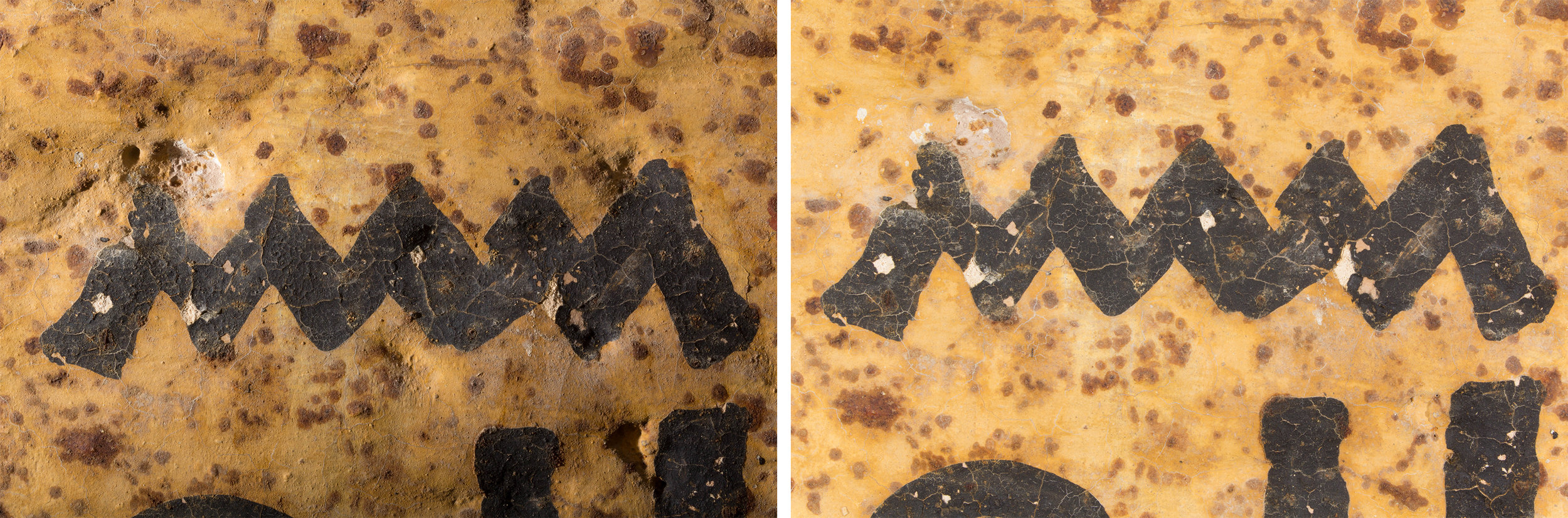  Area of flaking paint before (left) and after (right) readhesion, shown in raking light.&nbsp;  Image © J. Paul Getty Trust, 2016    
