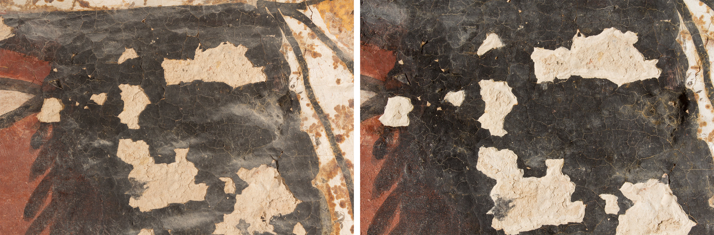  An area of thick flaking is pictured before (left) and after (right) stabilization with a custom bulking adhesive.&nbsp;  Image © J. Paul Getty Trust, 2017 