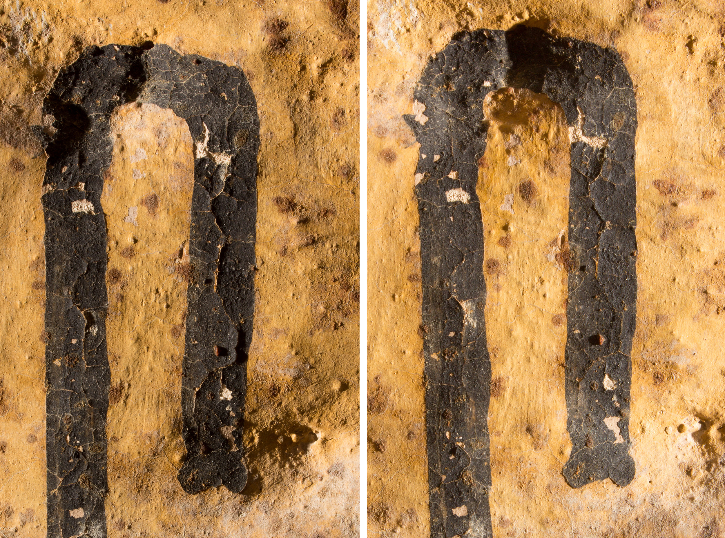  Area of flaking paint before (left) and after (right) readhesion, shown in raking light.&nbsp;  Image © J. Paul Getty Trust, 2016 