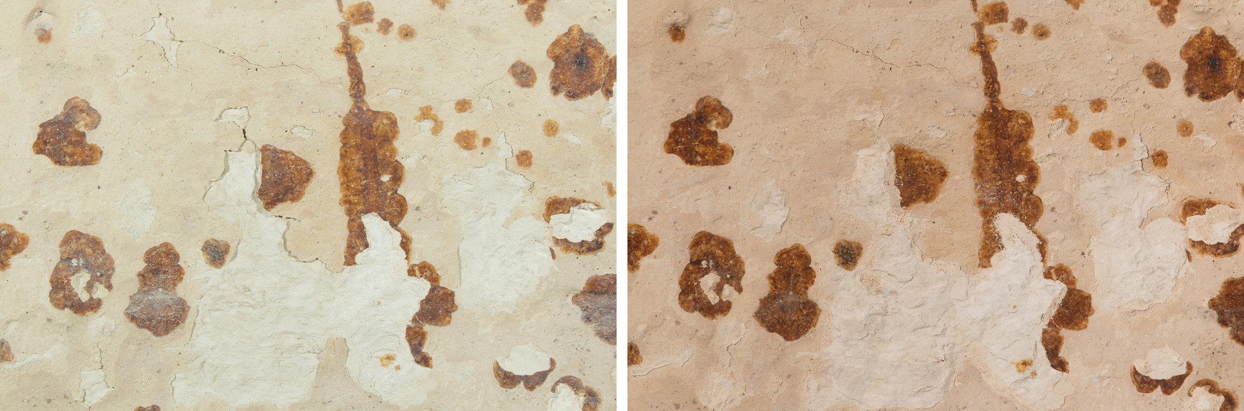  An area of thick flaking is pictured before (left) and after (right) stabilization with a custom bulking adhesive.&nbsp;  Image © J. Paul Getty Trust, 2017 