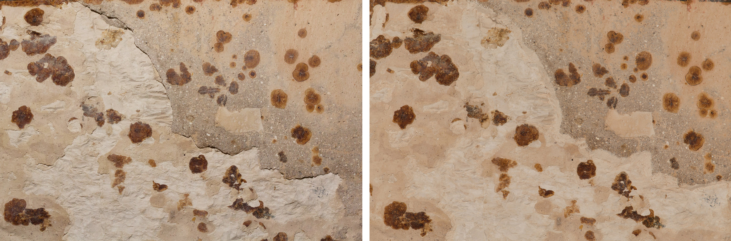  Area of original plaster shown before (left) and after (right)&nbsp;stabilization with an edge repair.&nbsp;  Image © J. Paul Getty Trust, 2017 