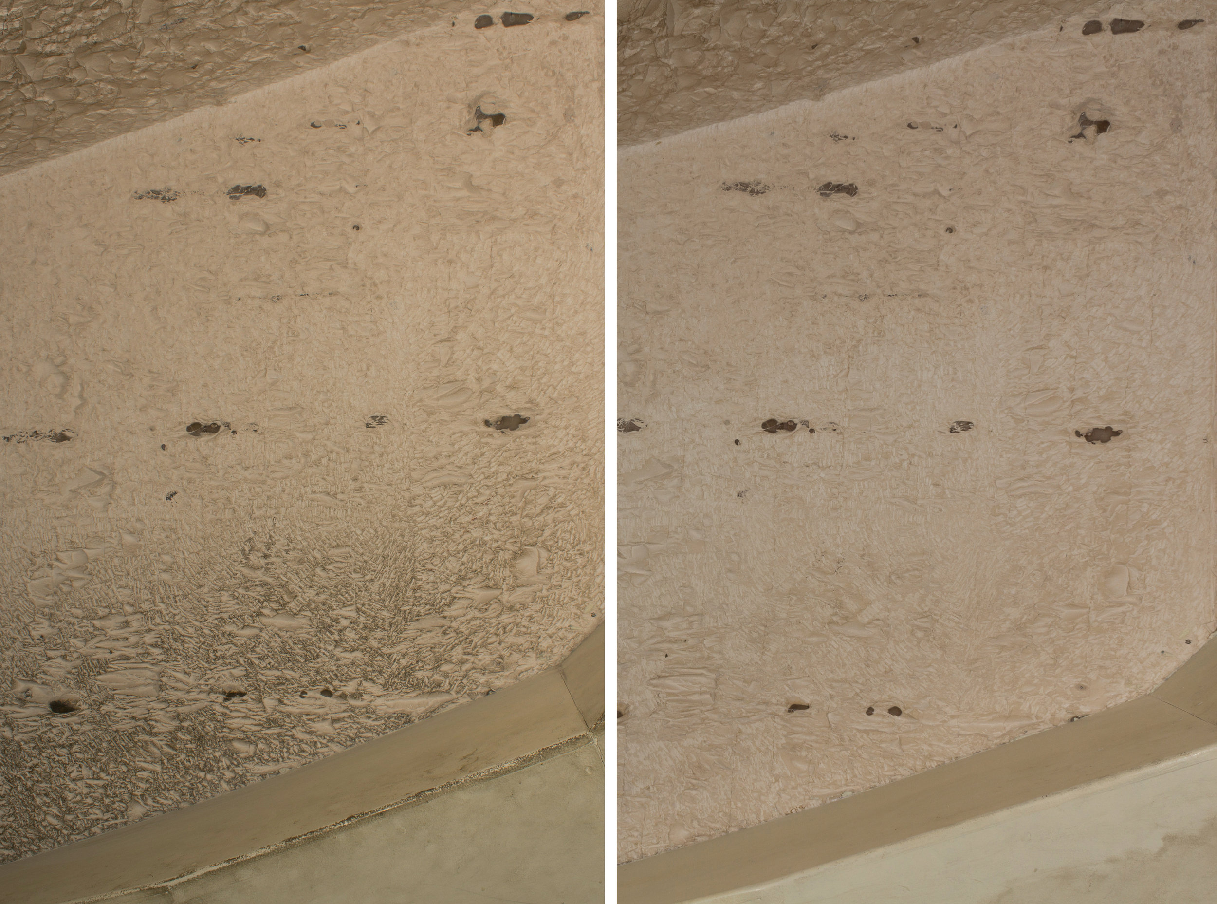  Greasy, black hand-marks in the entrance corridor shown before (left) and after (right) poultice reduction.&nbsp;  Image © J. Paul Getty Trust, 2017 