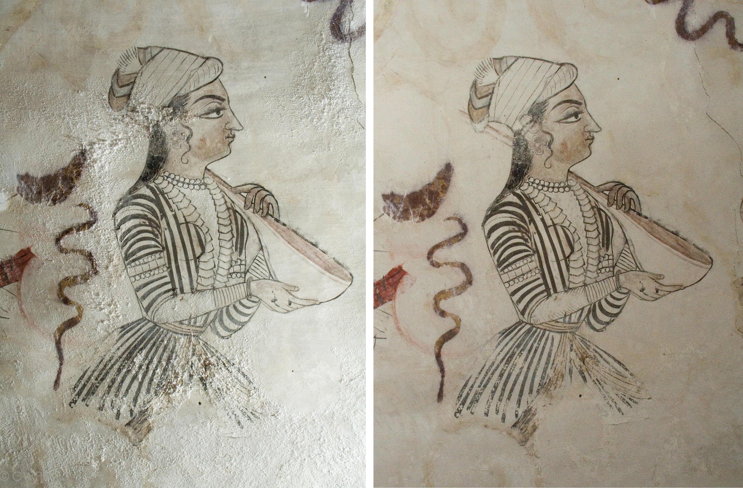  Before (left) and after (right) removal of salts from the wall paintings.&nbsp;  Image © Courtauld CWPD 