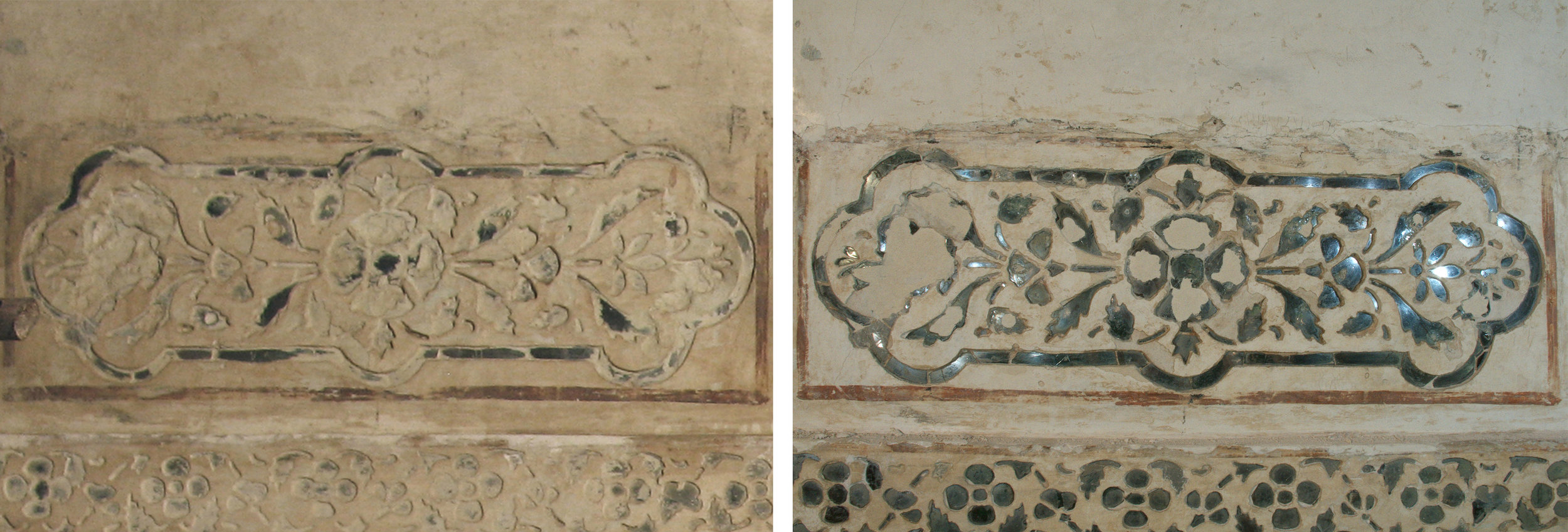  Some of the mirrored work had been covered over by non-original repair material during a previous intervention. This was removed to expose the mirror beneath. The image shows a concealed area before (left) and after (right) cleaning.&nbsp;  Image © 