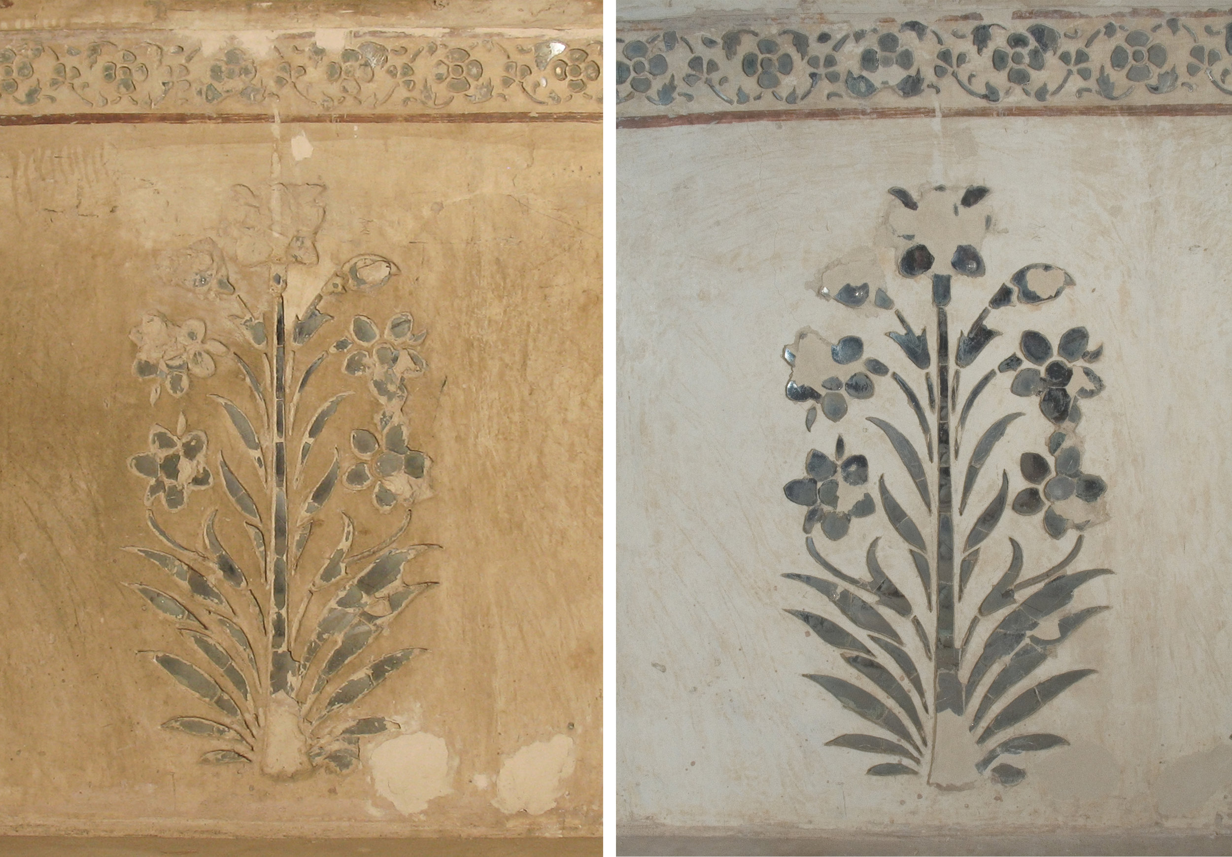  Detail of the mirrored dado level before (left) and after (right) cleaning.&nbsp;  Image © Courtauld CWPD 