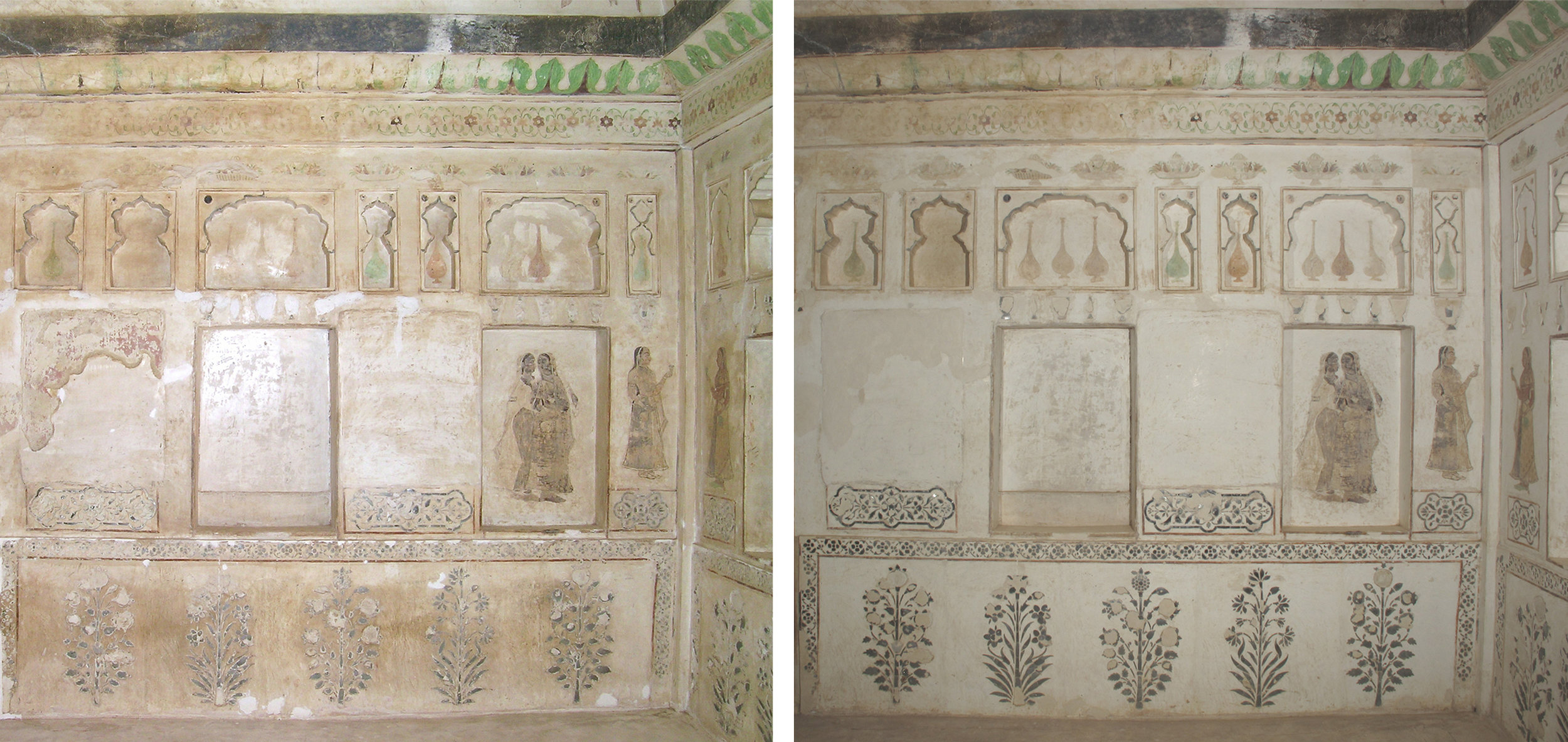  Detail of the south wall before (left) and after (right) completion of conservation treatment.  Image © Courtauld CWPD 