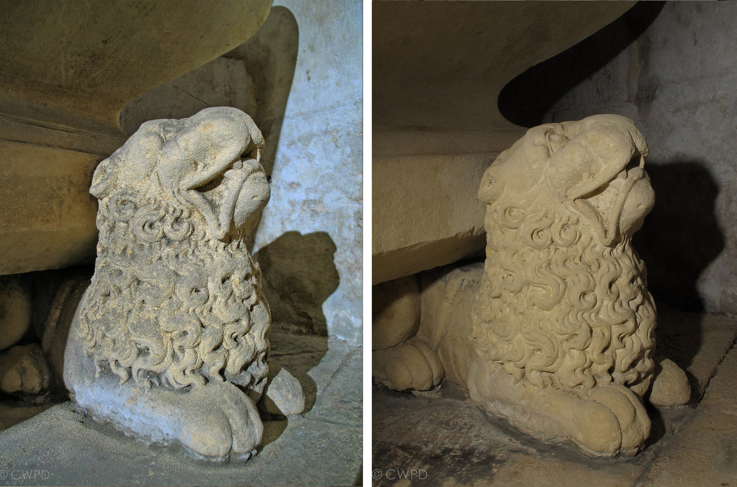  Detail of the limestone tomb monuments before (left) and after (right) consolidation and cleaning.&nbsp;  Image © Courtauld CWPD 