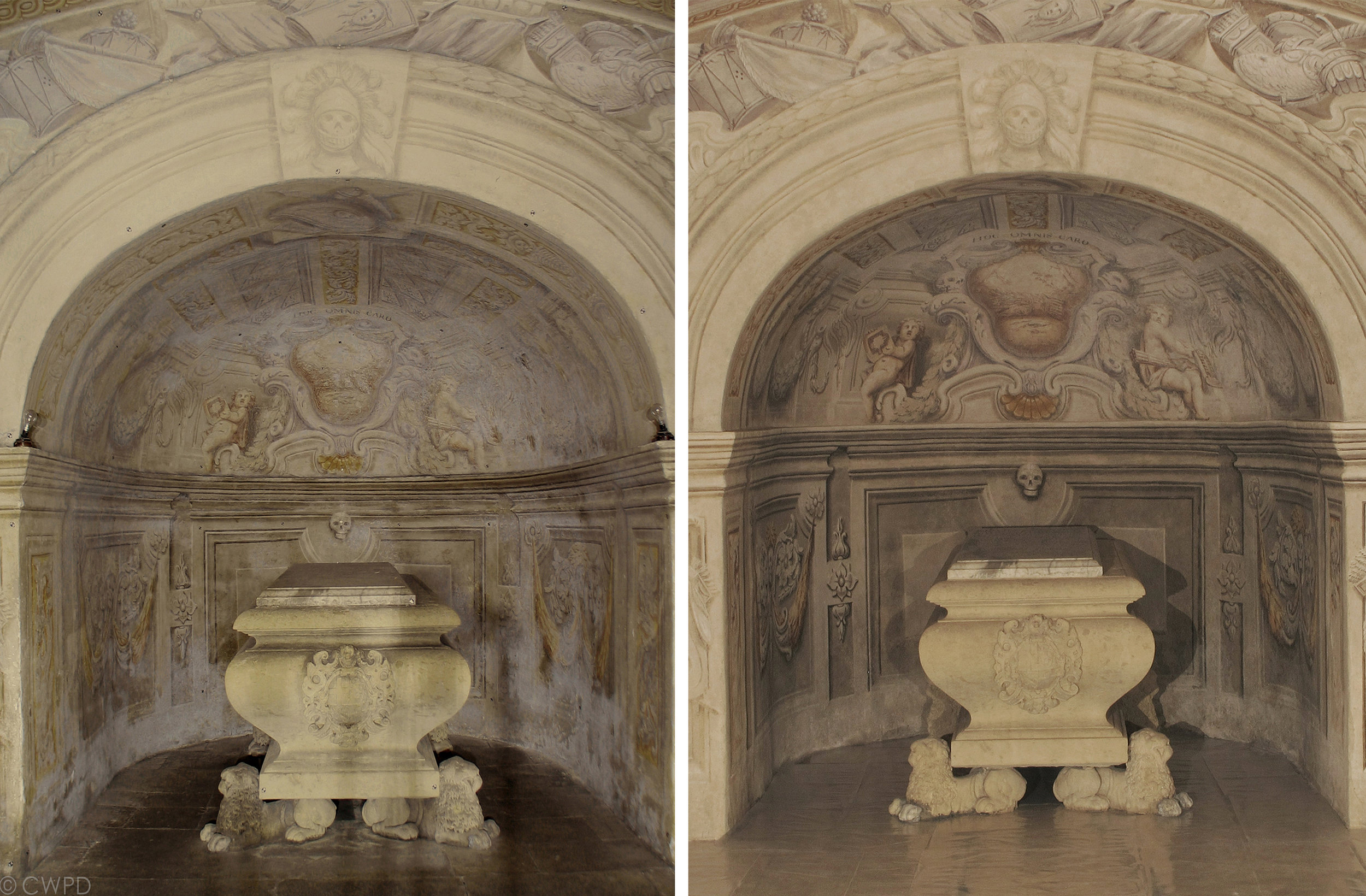  Detail of the Crypt before (left) and after (right) conservation treatment.&nbsp;  Image © Courtauld CWPD 