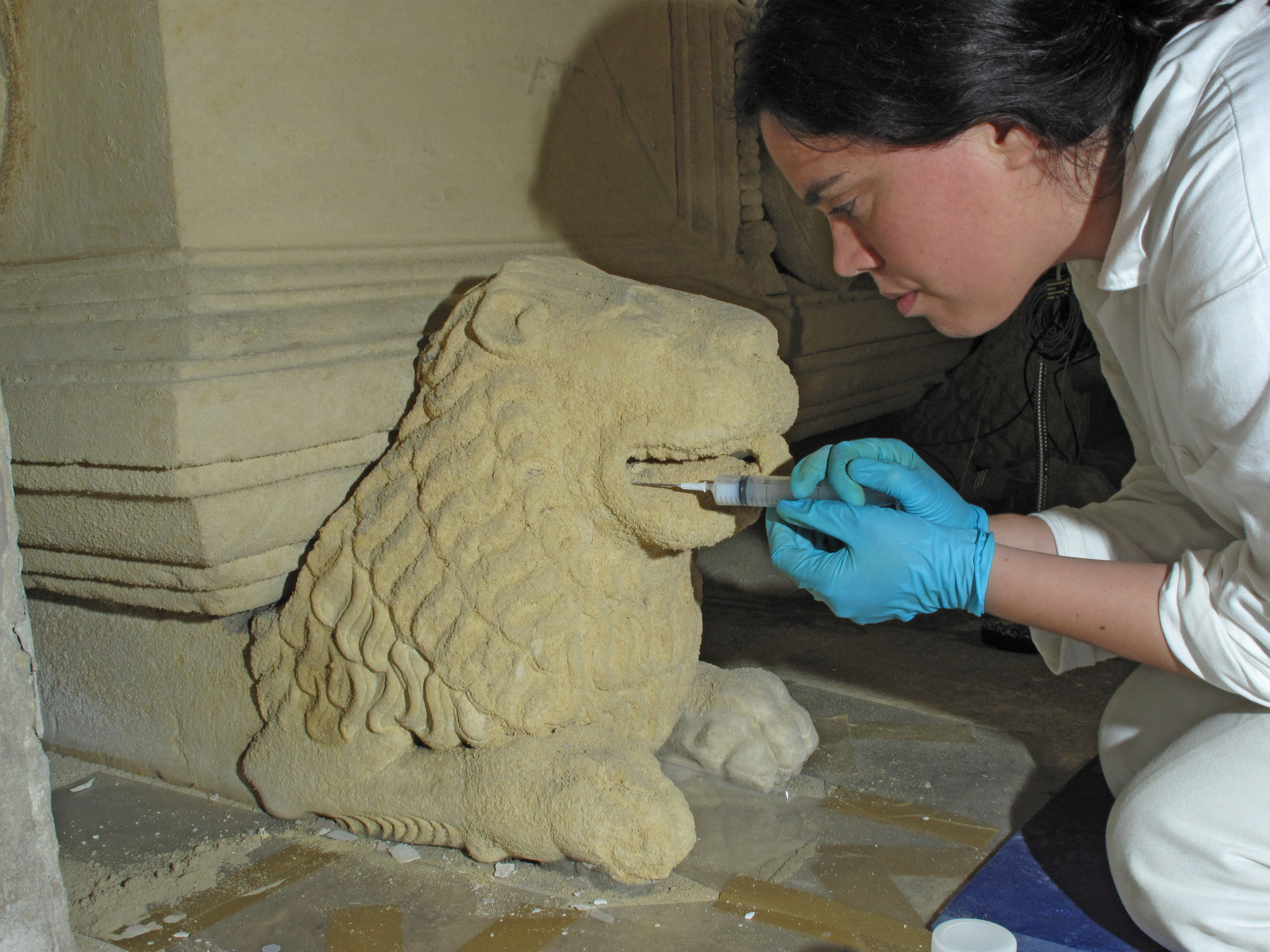  A consolidant was applied to the powdering limestone tomb monuments by syringe and needle.&nbsp;  Image © Courtauld CWPD 