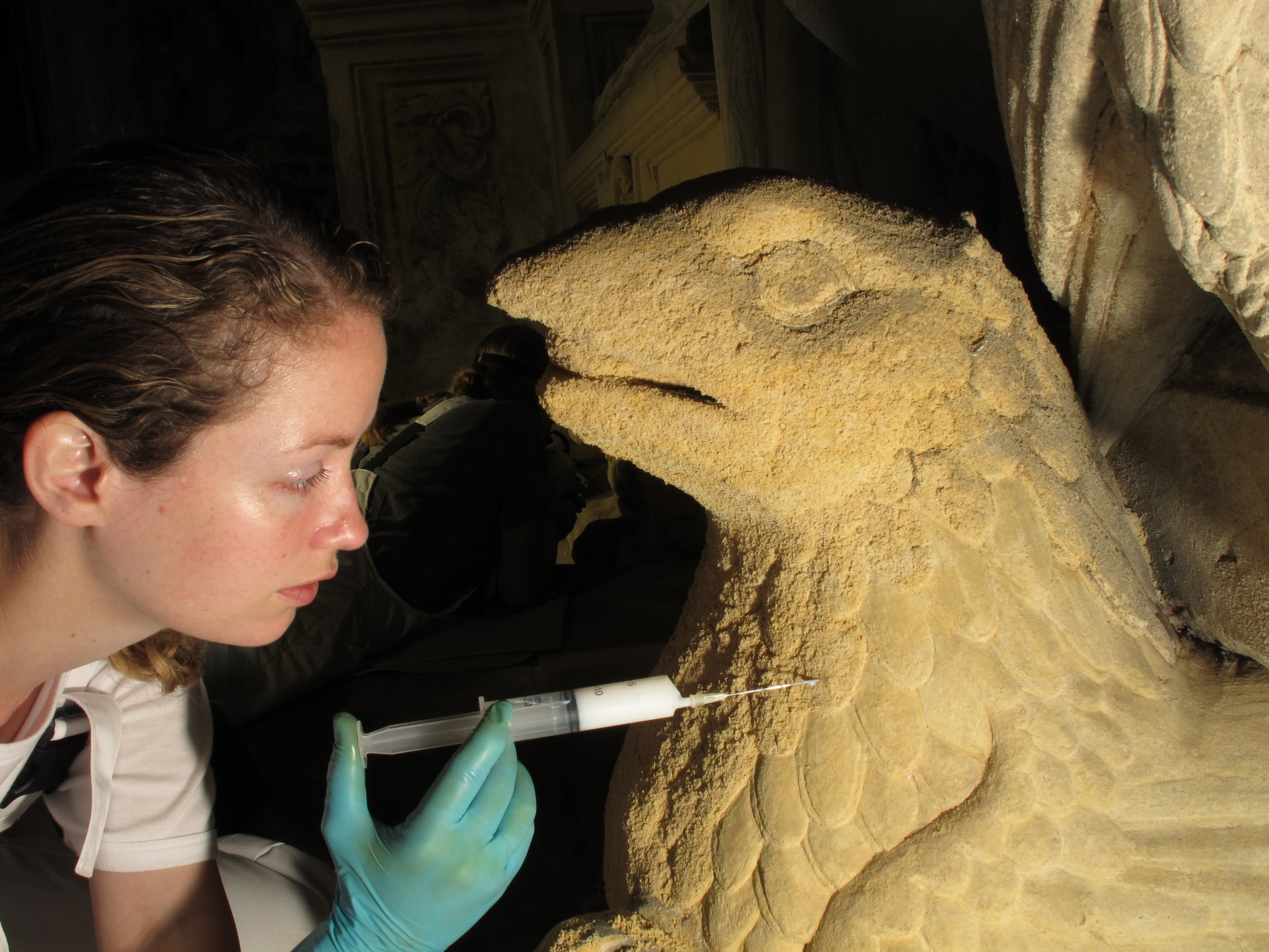  During consolidation of the powdering limestone monuments.&nbsp;  Image © Courtauld CWPD 