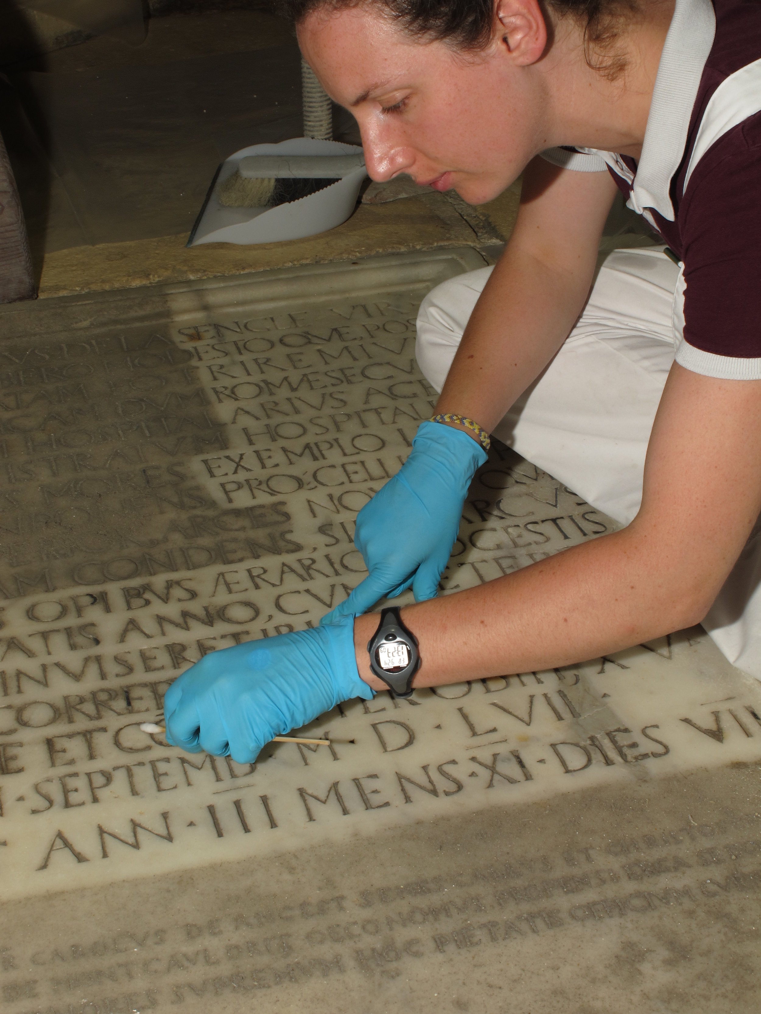  A thick layer of dirt was cleaned from the inscribed marble plaques set into the floor of the Crypt.  Image © Courtauld CWPD 