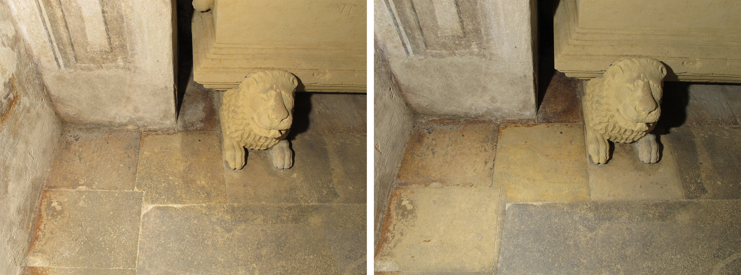  Detail of the Crypt stone floor before (left) and during (right) removal of a thick layer of dirt and microbiological growth.  Image © Courtauld CWPD 