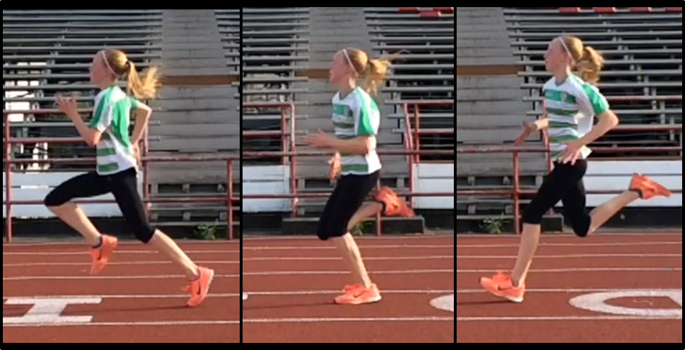 From right to left, you can see Amara is a heal-striker. Performing drill work, cultivating a mindful foot-strike and foot-placement upon landing, and repetition will help Amara's efficiency and improve her running times. 