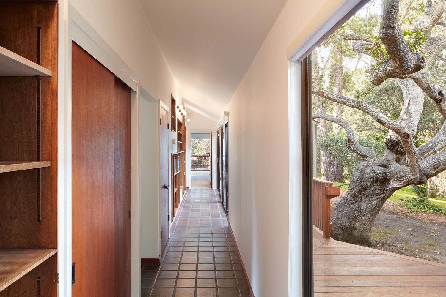 Hallway with bookcase and outdoor view