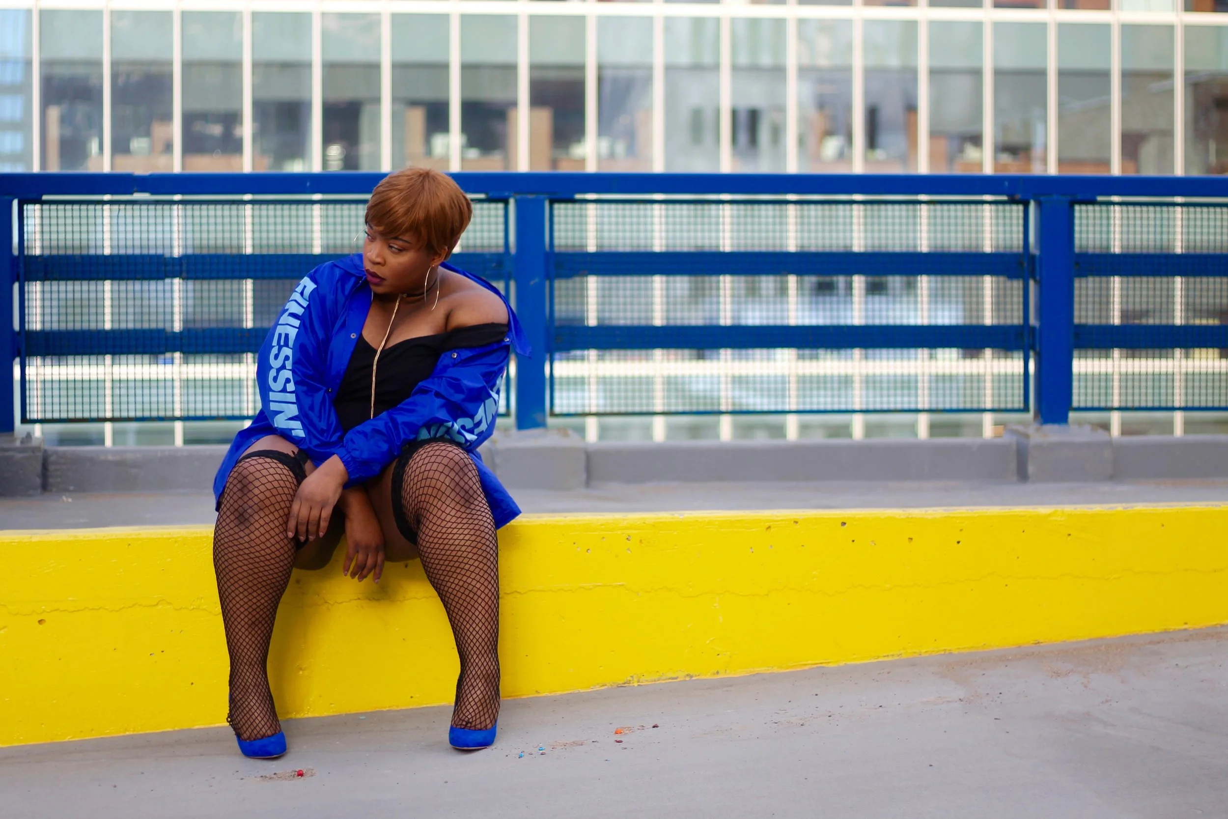 Finessin' Custom & Insulated Windbreaker - Flaws of Couture | Black Fishnet Thigh Highs - Torrid Chain Choker - Aldo Accessories | Zalecien Gold Hoop Earrings - Aldo Accessories | Beatrice Heel - Shoedazzle