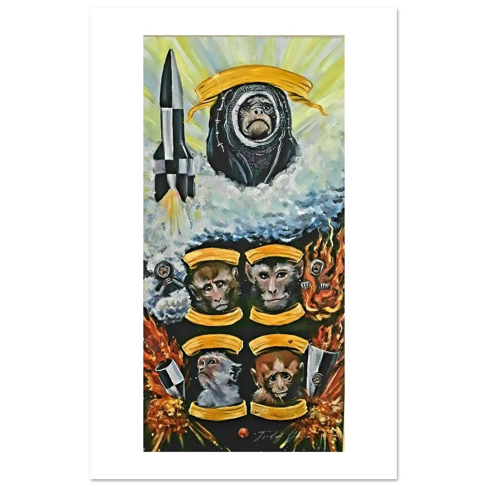 A painting depicting the noble portraits of the monkeys scarificed to the space race and the manner of their deaths. This painting is a commentary on sacrifice and visibility.