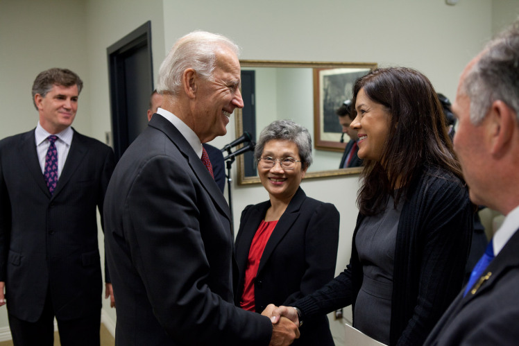  Vice President Joe Biden talks with the subjects of a documentary called Rebirth, before a screening in the South Court Auditorium at the White House, September 7, 2011.&nbsp; 