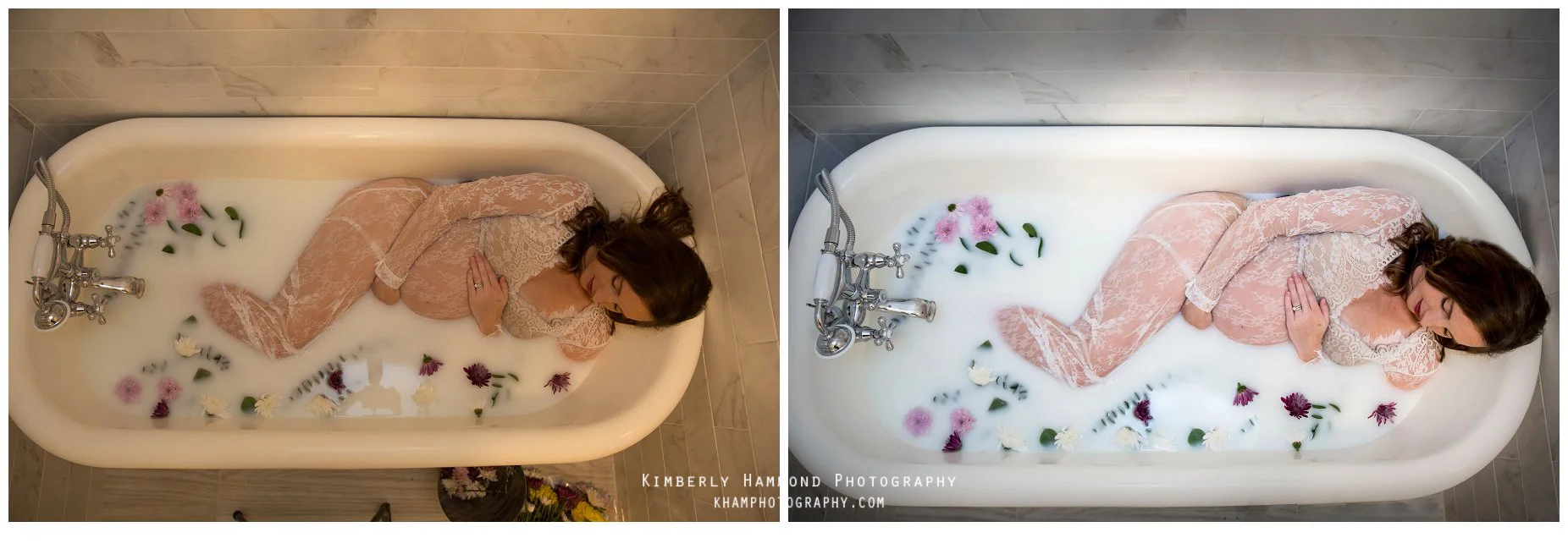 Pregnant Mom relaxes in a milk bath during her last trimester in Bedford, TX.